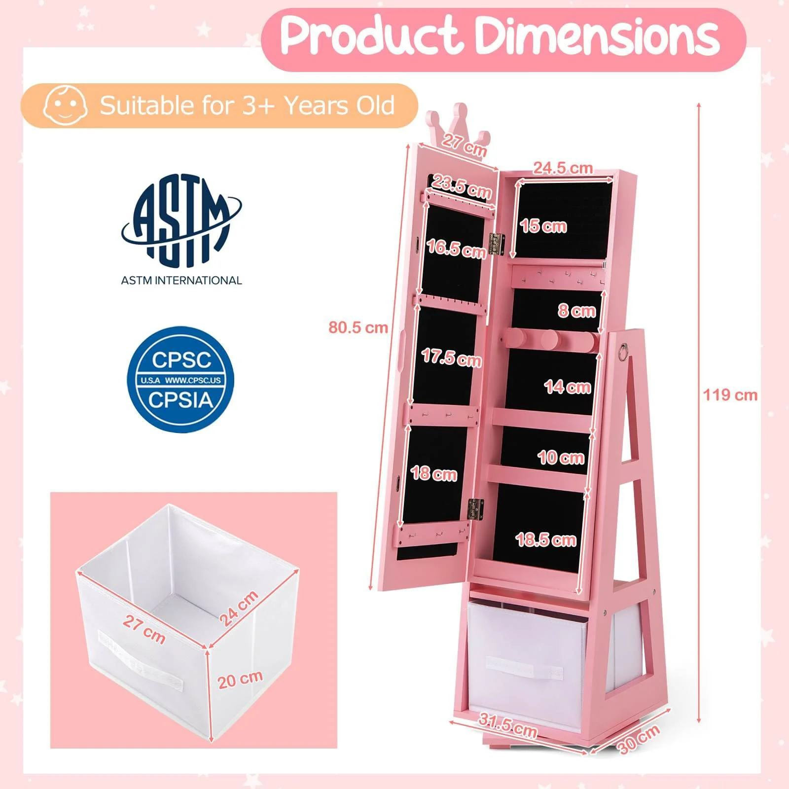 HONEY JOY 360° Swivel Kids Jewelry Cabinet, 3-in-1 Freestanding Full Length Dressing Mirror - Image 6