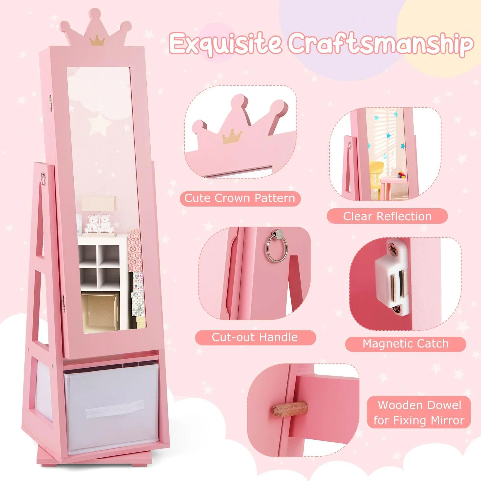 HONEY JOY 360° Swivel Kids Jewelry Cabinet, 3-in-1 Freestanding Full Length Dressing Mirror - Image 7
