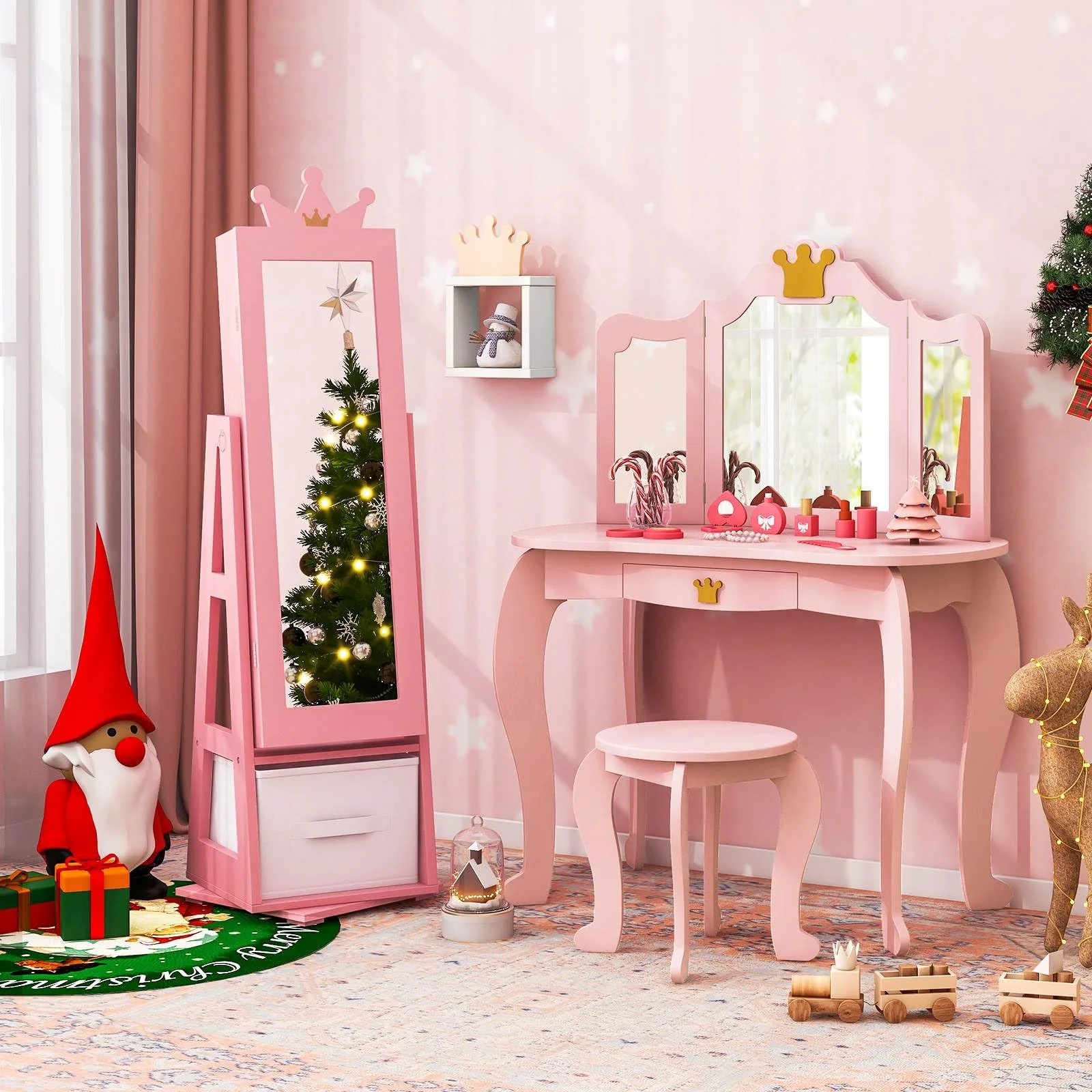 HONEY JOY 360° Swivel Kids Jewelry Cabinet, 3-in-1 Freestanding Full Length Dressing Mirror - Image 9