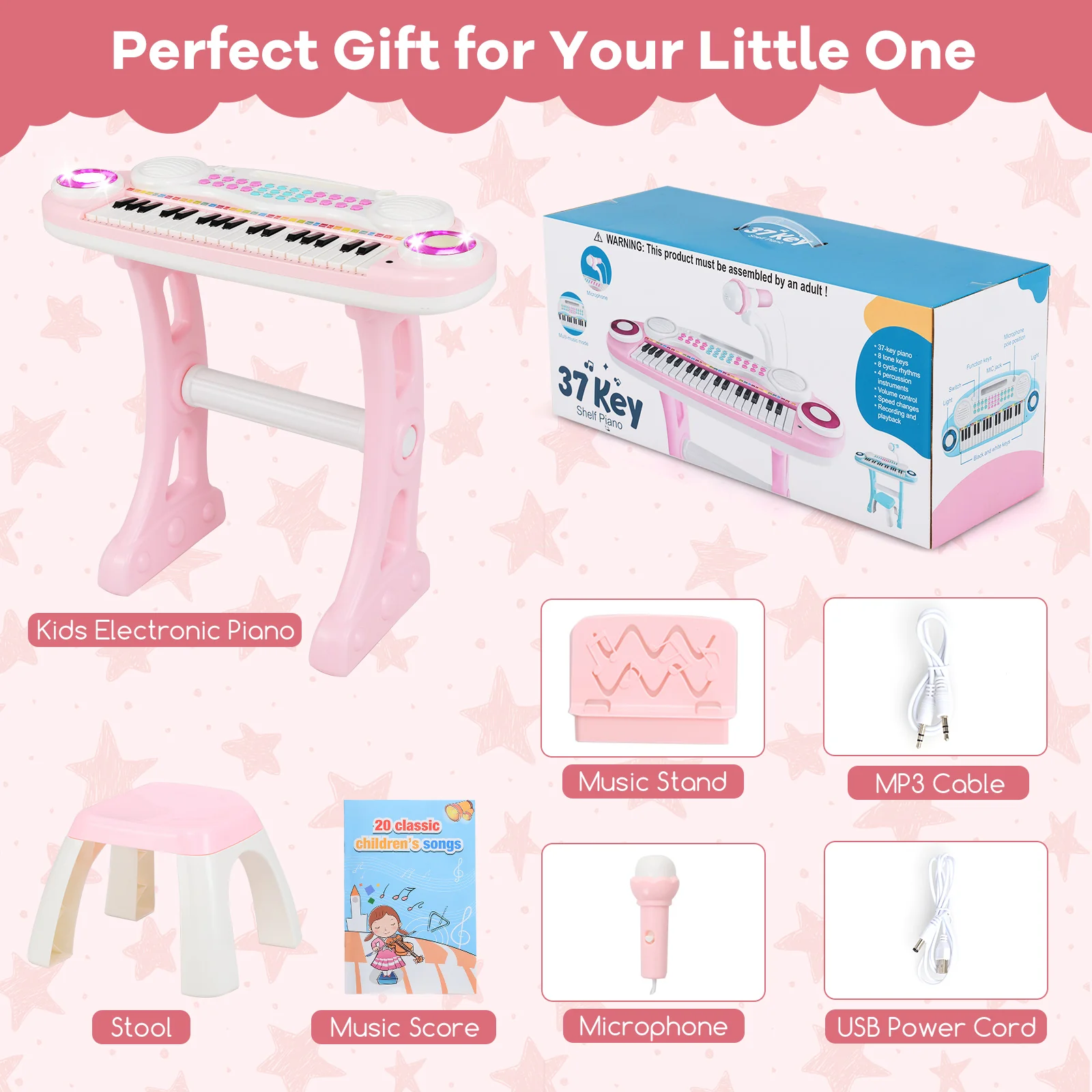 HONEY JOY 37-Key Kids Piano Keyboard Toy, Toddler Electronic Piano w/ Music Score - Image 5
