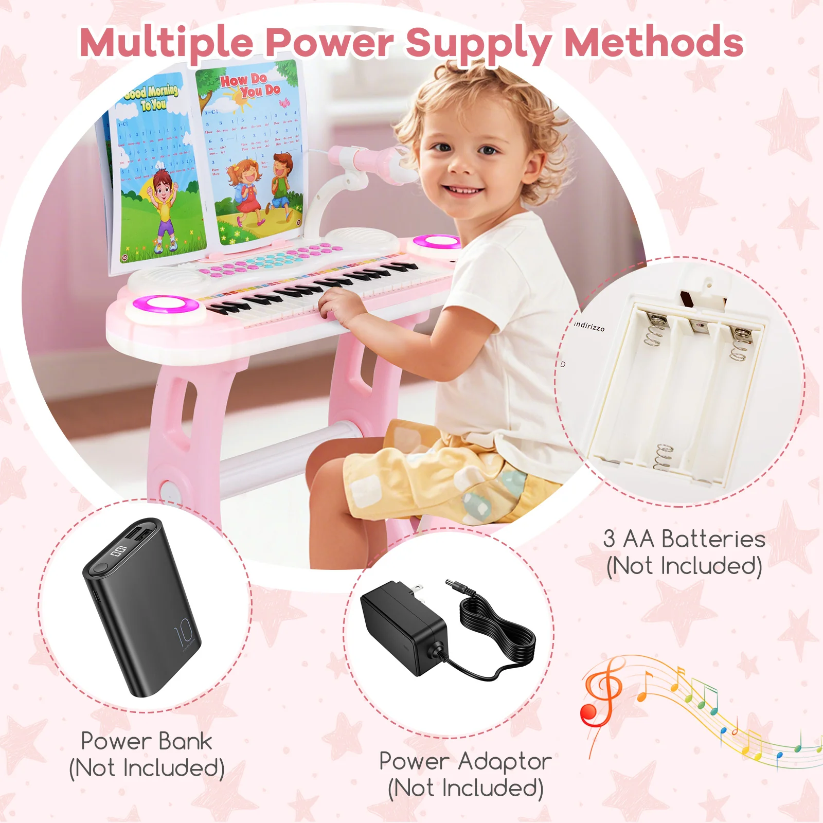 HONEY JOY 37-Key Kids Piano Keyboard Toy, Toddler Electronic Piano w/ Music Score - Image 9