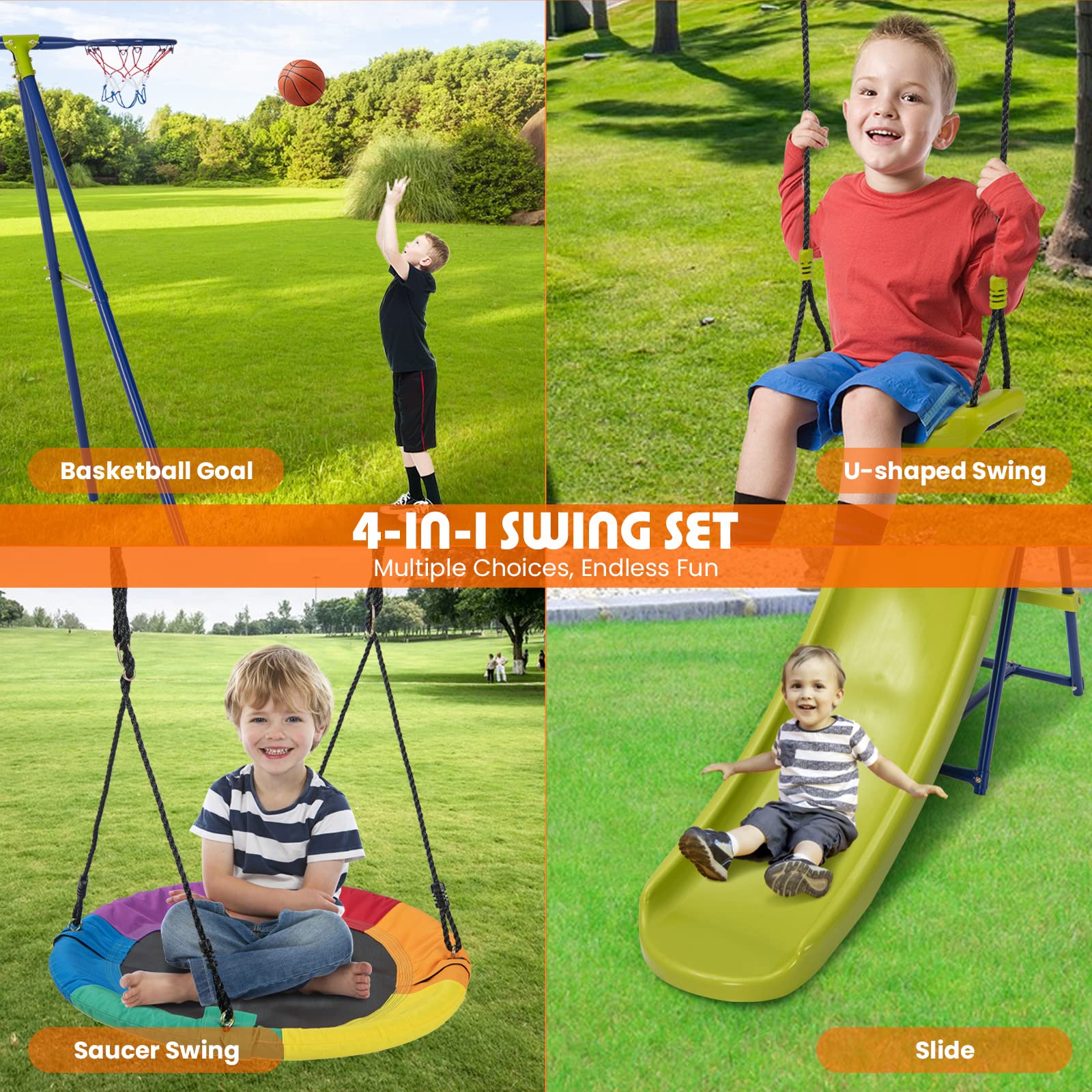 HONEY JOY 4-in-1 Swing Set, Heavy-Duty Metal Playset with Slide, Basketball Hoop - Image 3