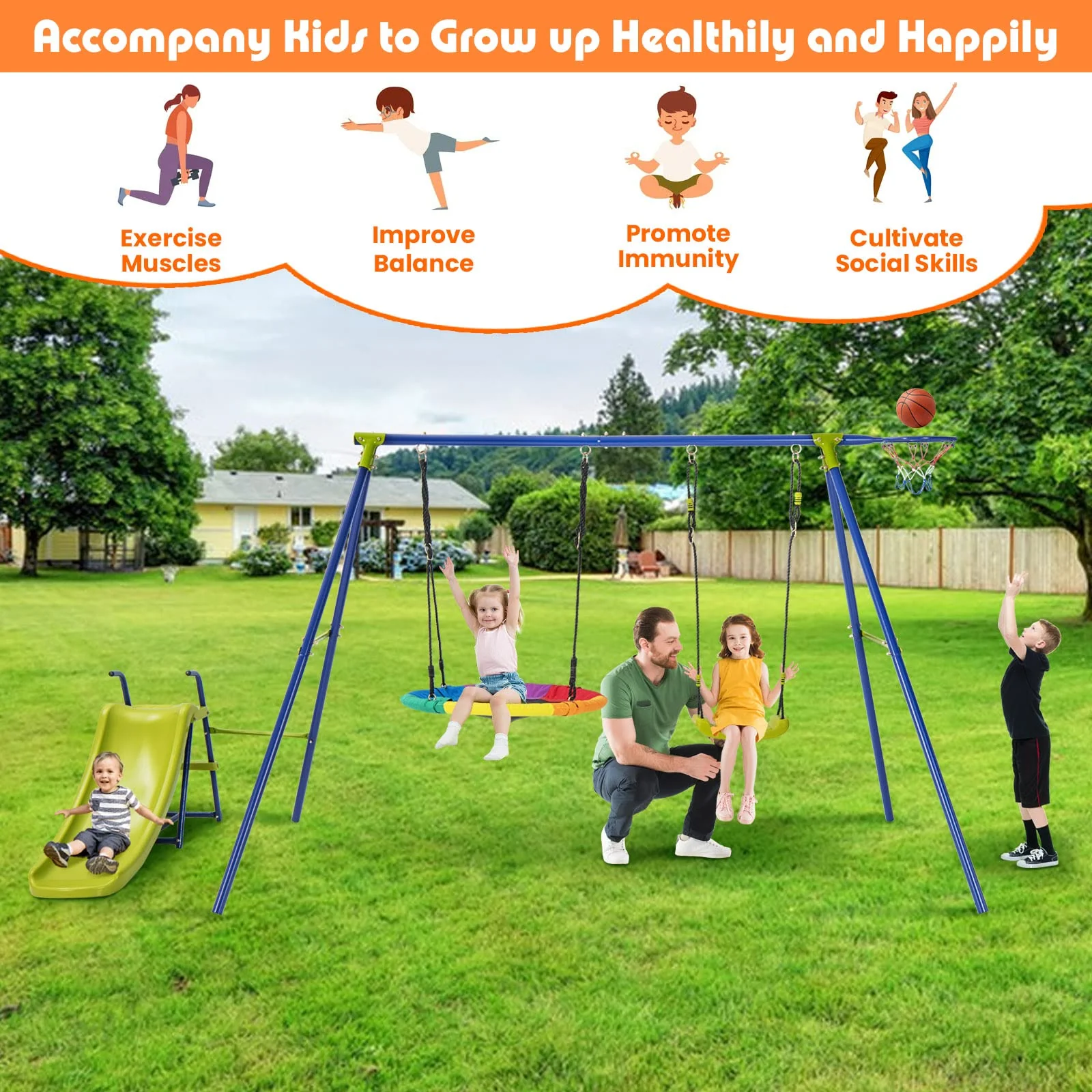 HONEY JOY 4-in-1 Swing Set, Heavy-Duty Metal Playset with Slide, Basketball Hoop - Image 5