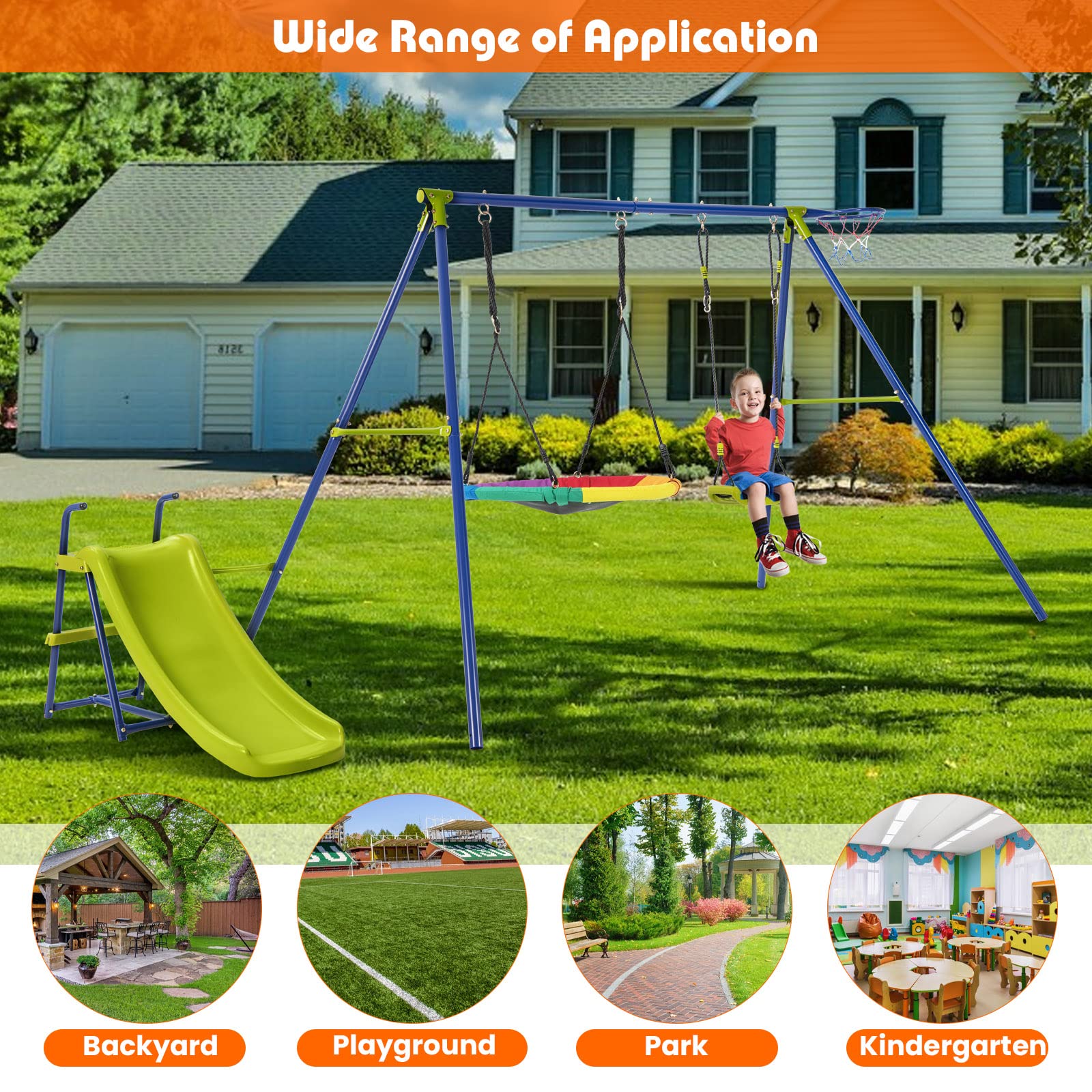 HONEY JOY 4-in-1 Swing Set, Heavy-Duty Metal Playset with Slide, Basketball Hoop - Image 6