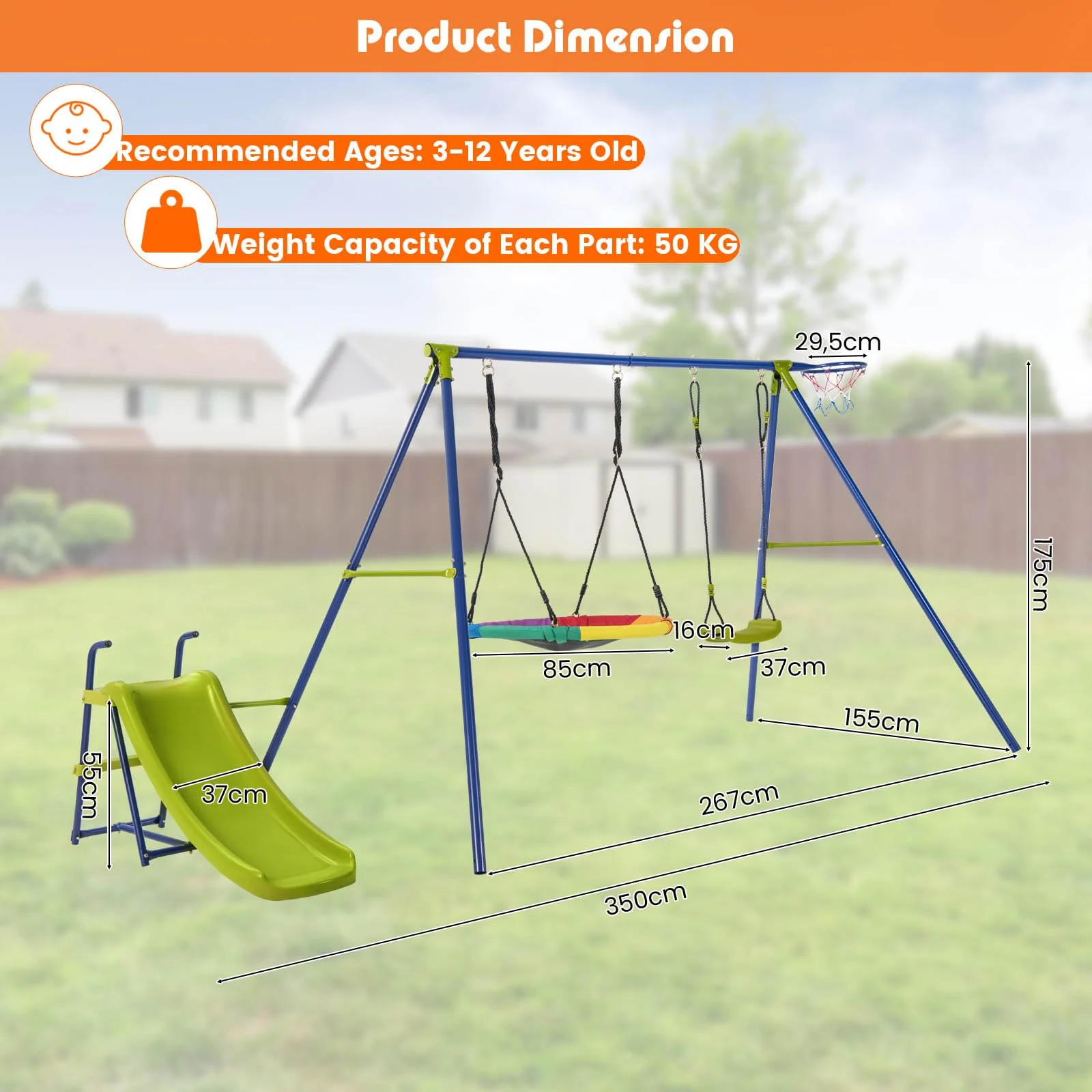 HONEY JOY 4-in-1 Swing Set, Heavy-Duty Metal Playset with Slide, Basketball Hoop - Image 7