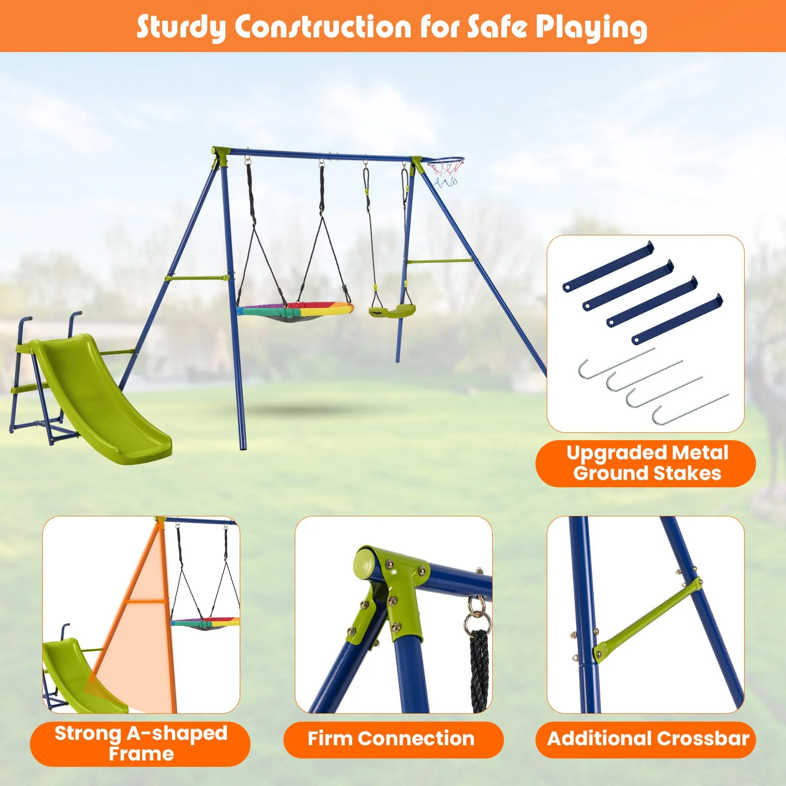 HONEY JOY 4-in-1 Swing Set, Heavy-Duty Metal Playset with Slide, Basketball Hoop - Image 8