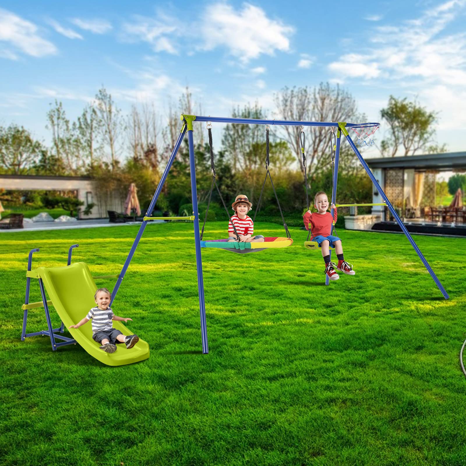 HONEY JOY 4-in-1 Swing Set, Heavy-Duty Metal Playset with Slide, Basketball Hoop - Image 9