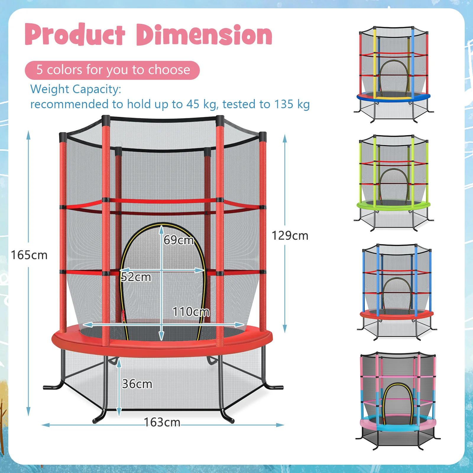 HONEY JOY 5.3FT Kids Trampoline, Toddler Trampoline w/Safe Enclosure Net, Accessories Bag, Jumping Pad - Image 3