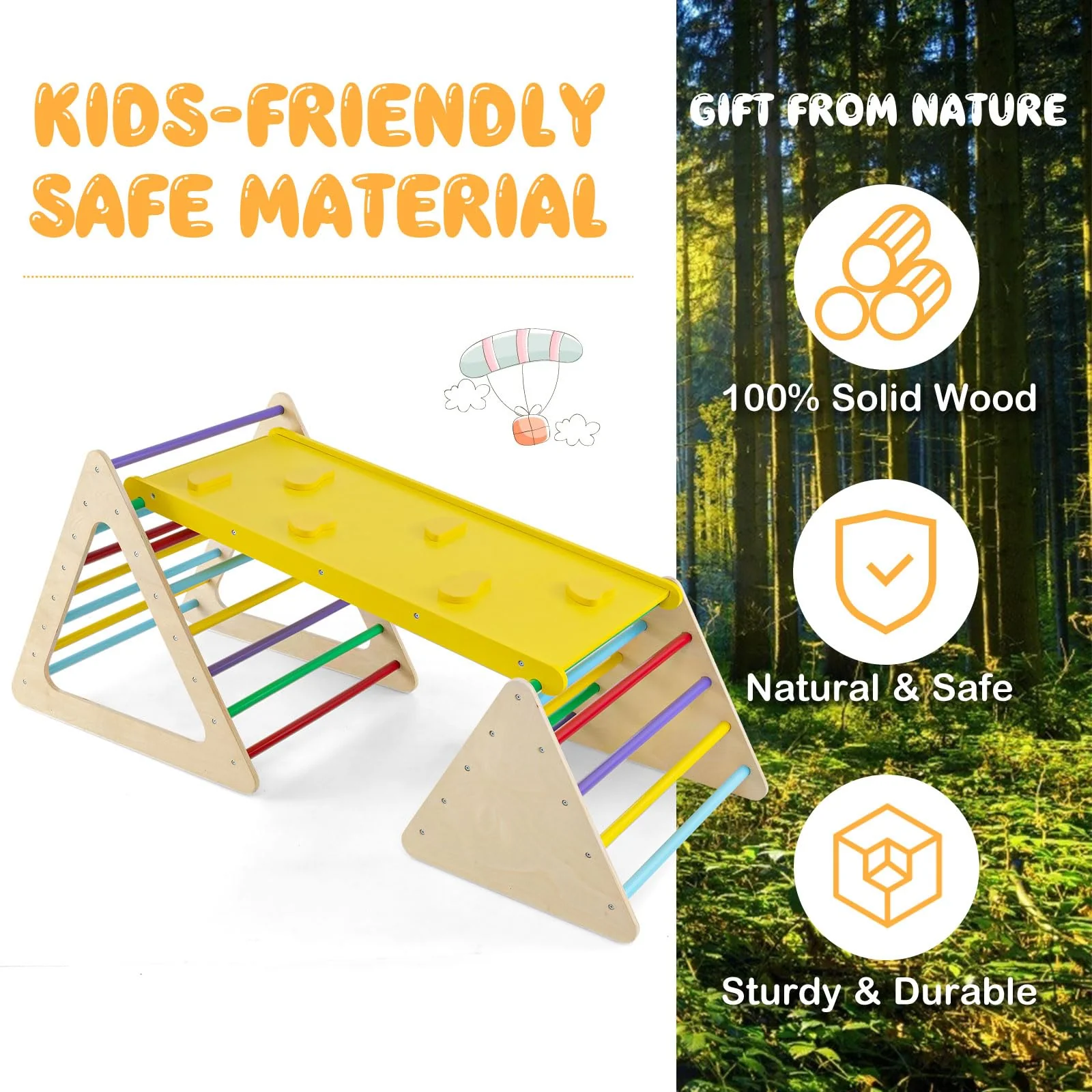HONEY JOY 3 in 1 Triangle Climber with Ramp, Wooden Climbing Toys for Toddlers - Image 3