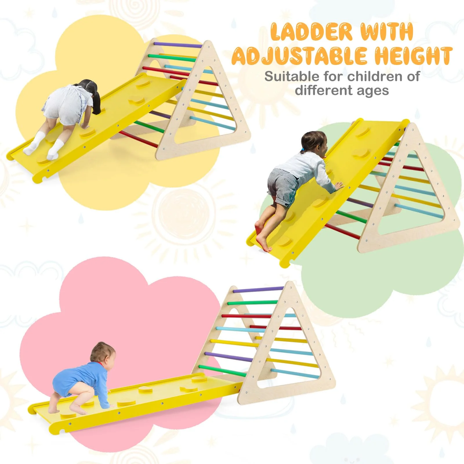 HONEY JOY 3 in 1 Triangle Climber with Ramp, Wooden Climbing Toys for Toddlers - Image 4