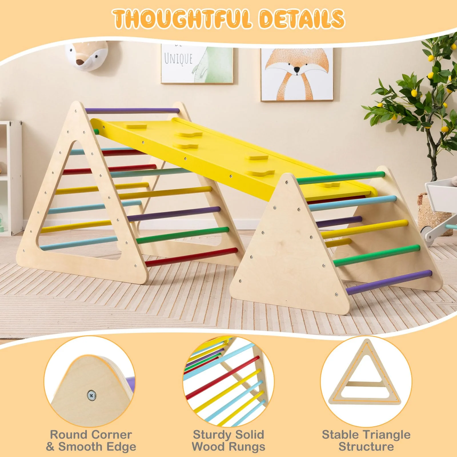 HONEY JOY 3 in 1 Triangle Climber with Ramp, Wooden Climbing Toys for Toddlers - Image 5