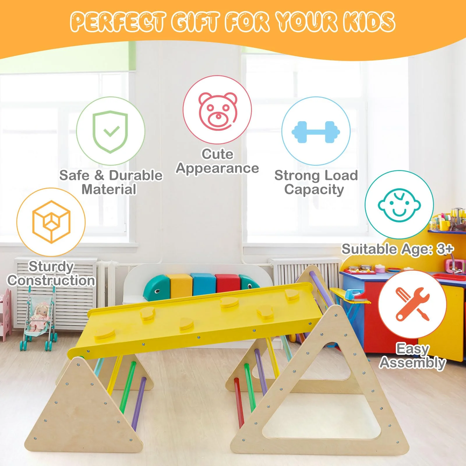 HONEY JOY 3 in 1 Triangle Climber with Ramp, Wooden Climbing Toys for Toddlers - Image 8