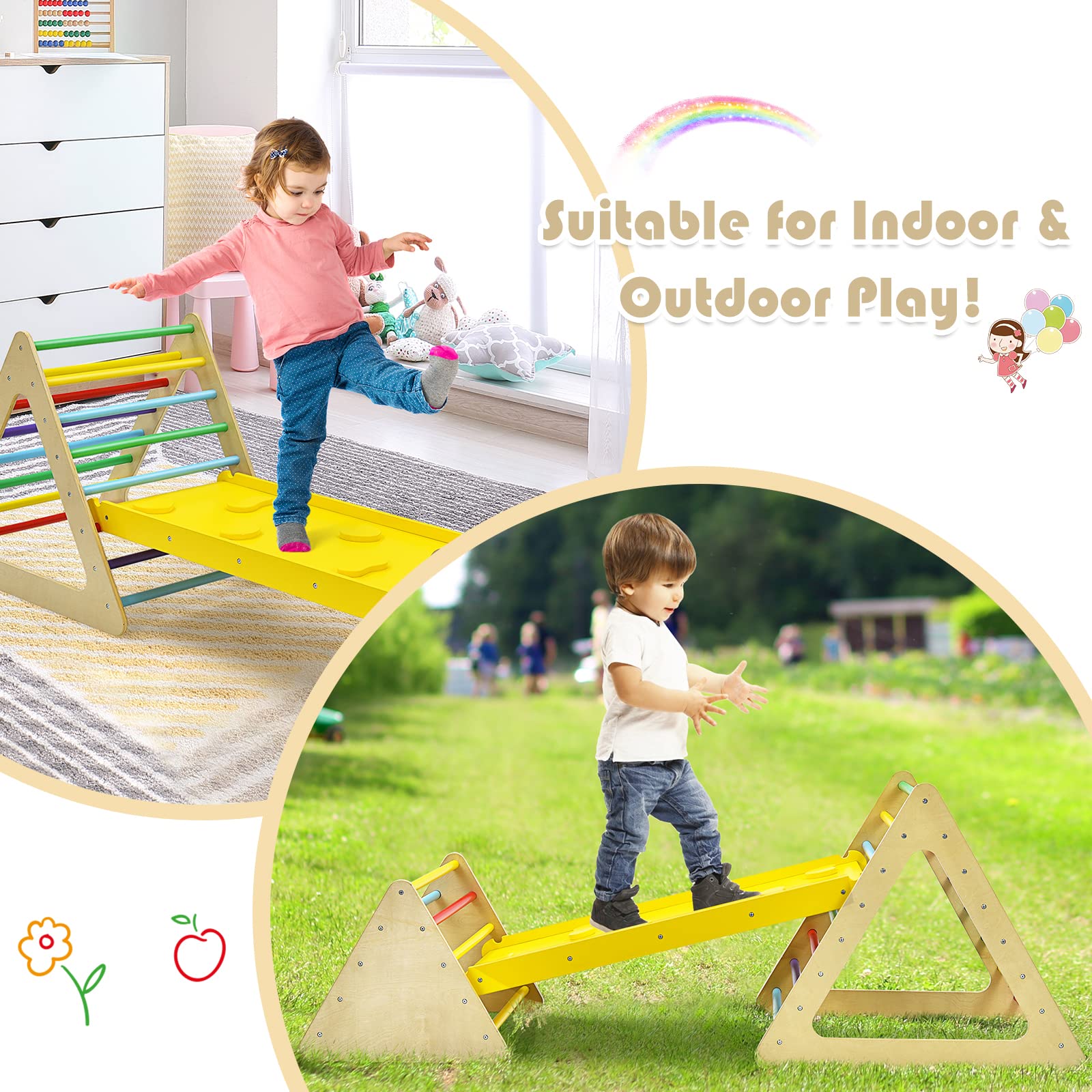 HONEY JOY 3 in 1 Triangle Climber with Ramp, Wooden Climbing Toys for Toddlers - Image 9