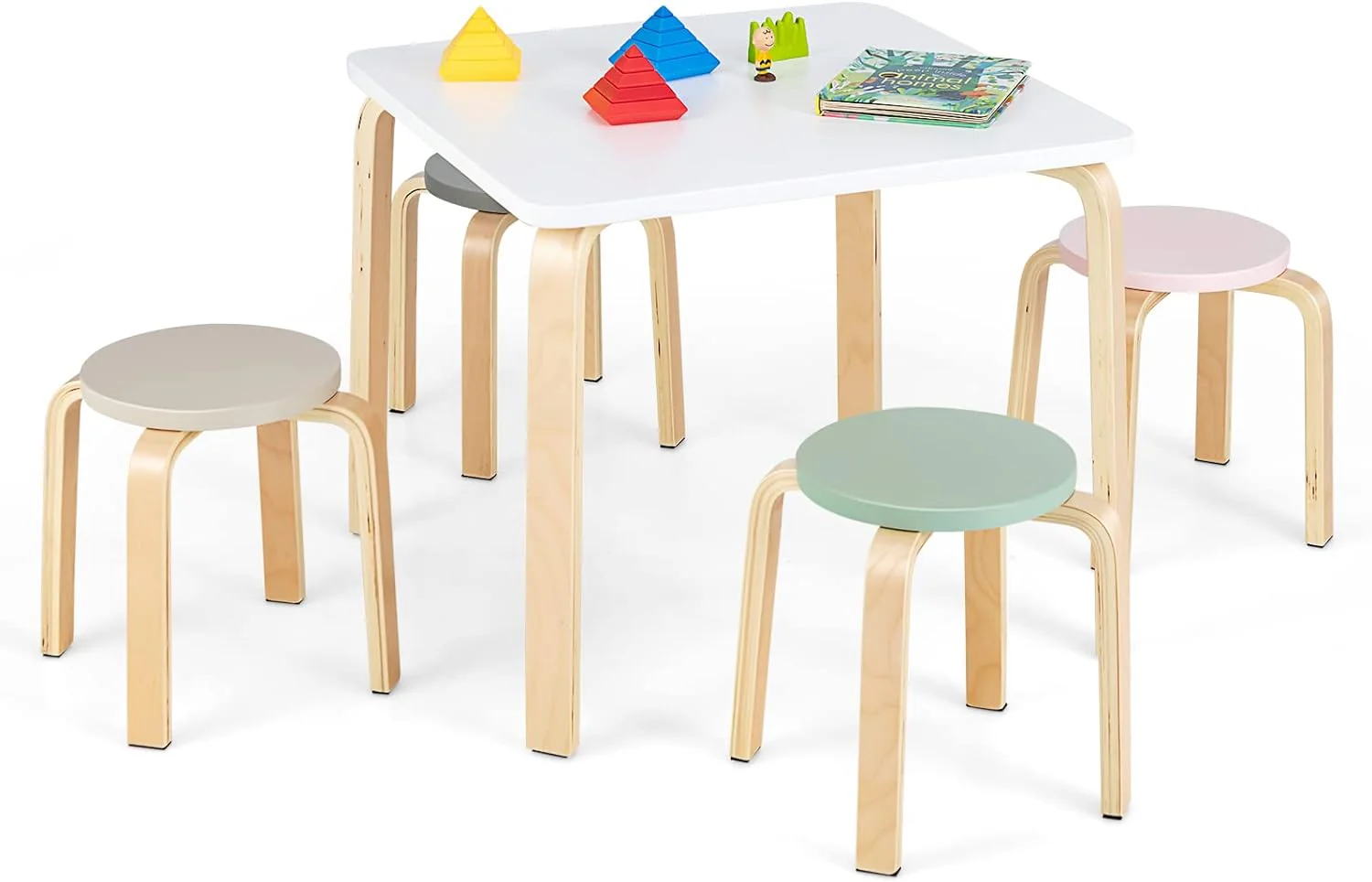 HONEY JOY 5 Pieces Kids Table & Chair Set, 1 Square Table & 4 Round Chairs - Image 10