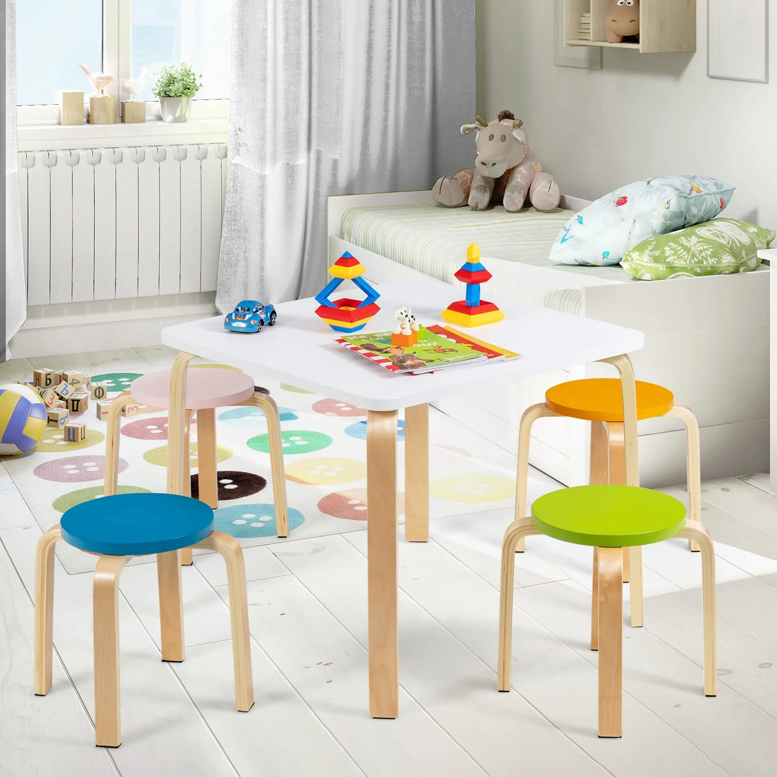 HONEY JOY 5 Pieces Kids Table & Chair Set, 1 Square Table & 4 Round Chairs - Image 2