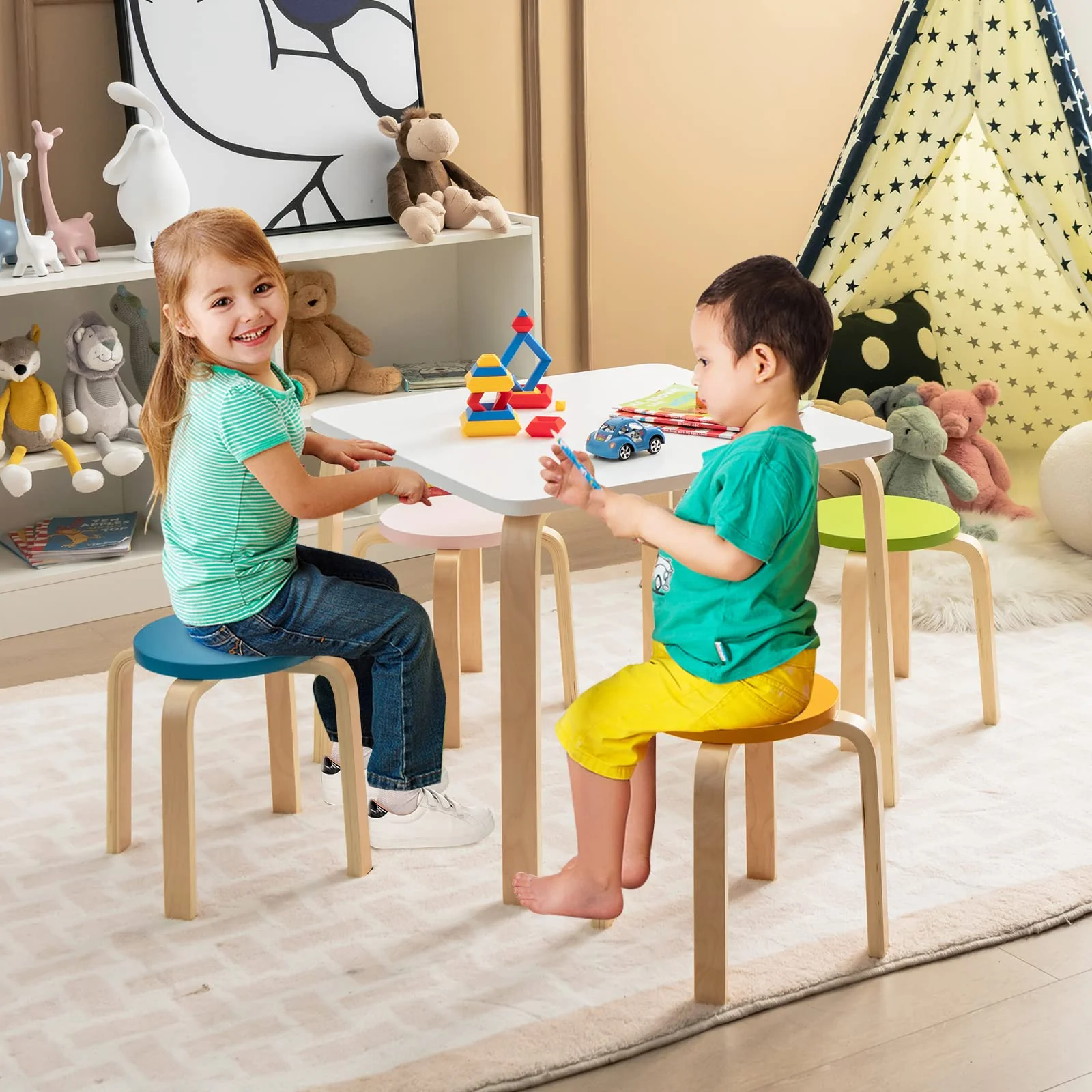 HONEY JOY 5 Pieces Kids Table & Chair Set, 1 Square Table & 4 Round Chairs - Image 3
