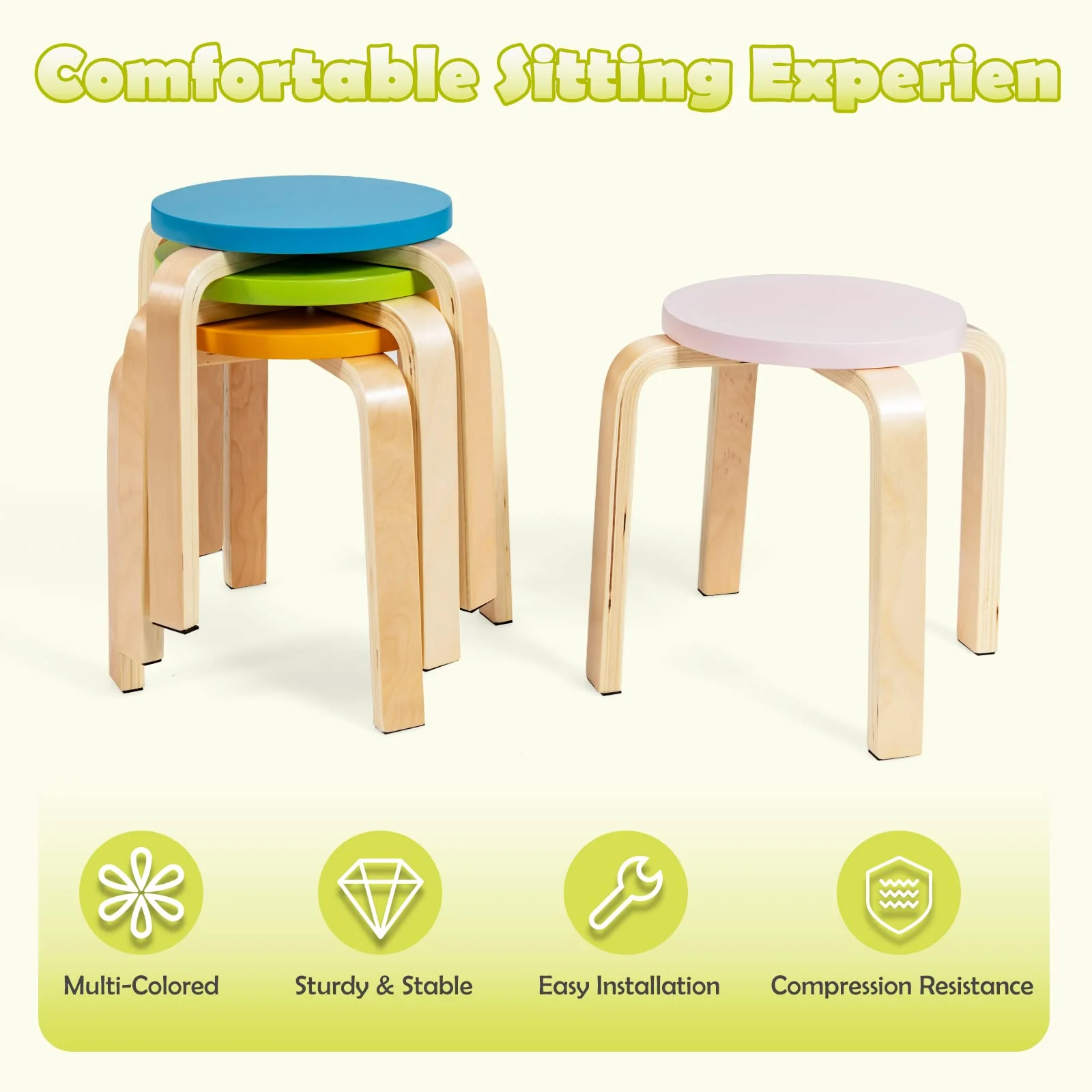 HONEY JOY 5 Pieces Kids Table & Chair Set, 1 Square Table & 4 Round Chairs - Image 4