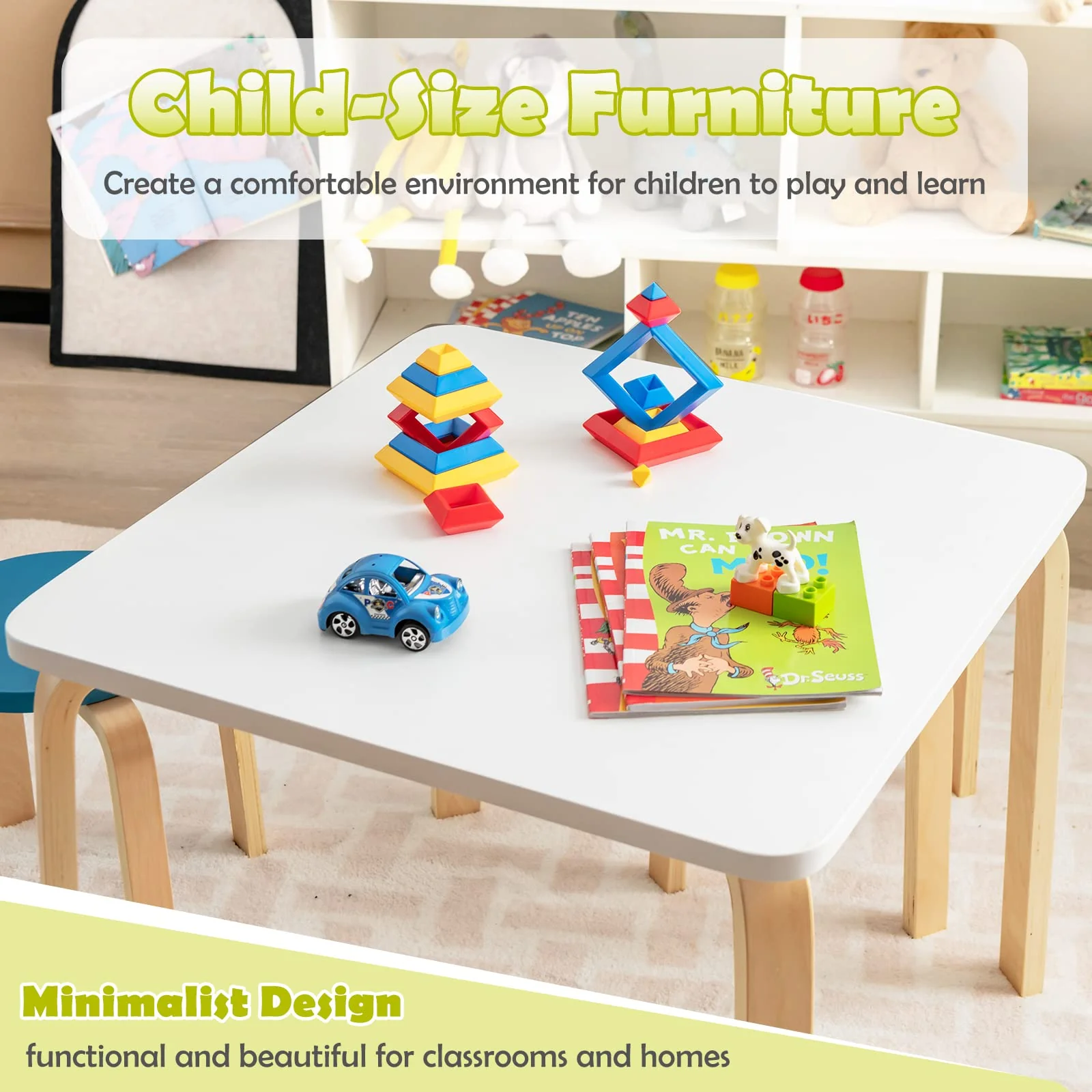HONEY JOY 5 Pieces Kids Table & Chair Set, 1 Square Table & 4 Round Chairs - Image 6