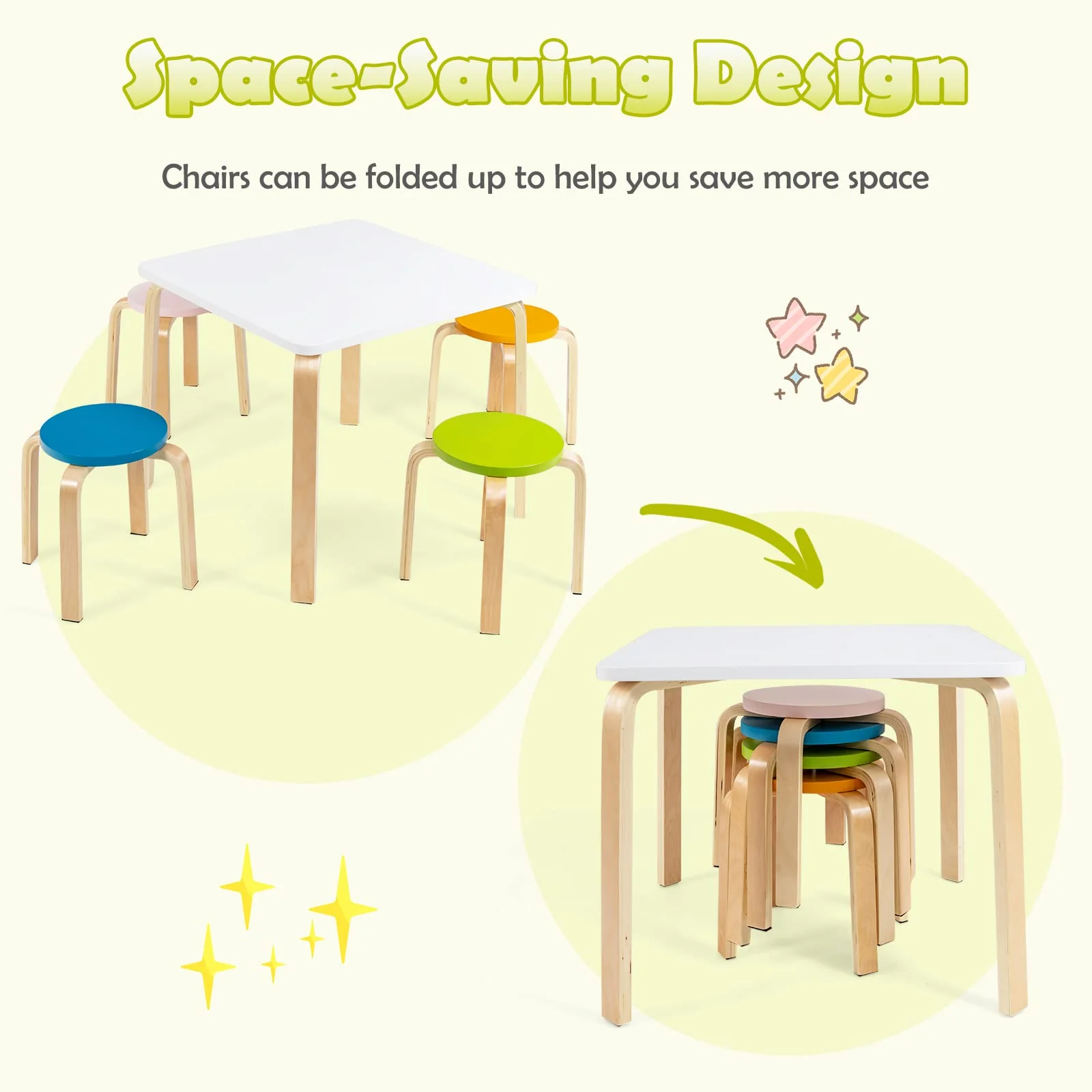 HONEY JOY 5 Pieces Kids Table & Chair Set, 1 Square Table & 4 Round Chairs - Image 8