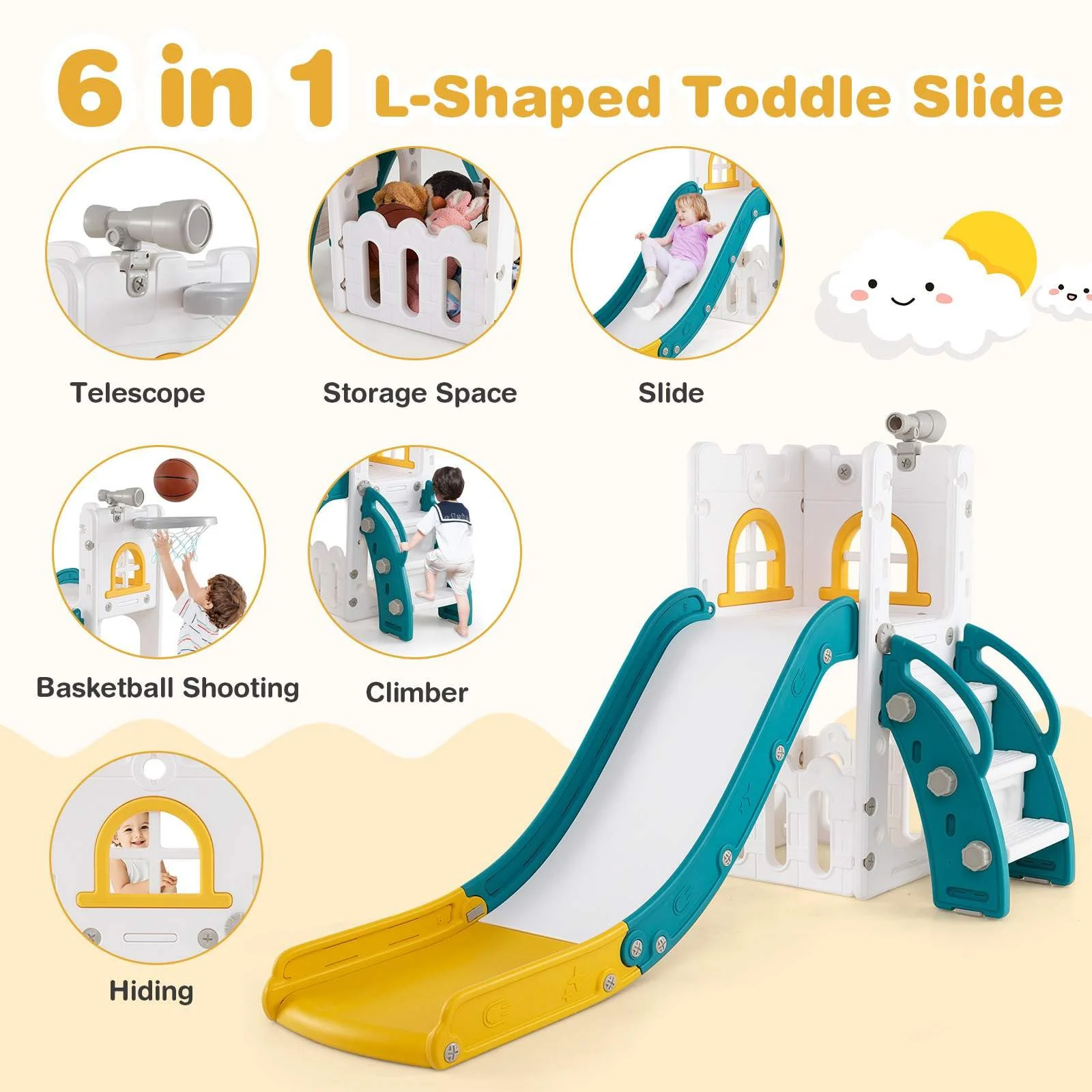 HONEY JOY 6 in 1 L-Shaped Toddle Slide for Toddlers Age 1-3 - Image 3
