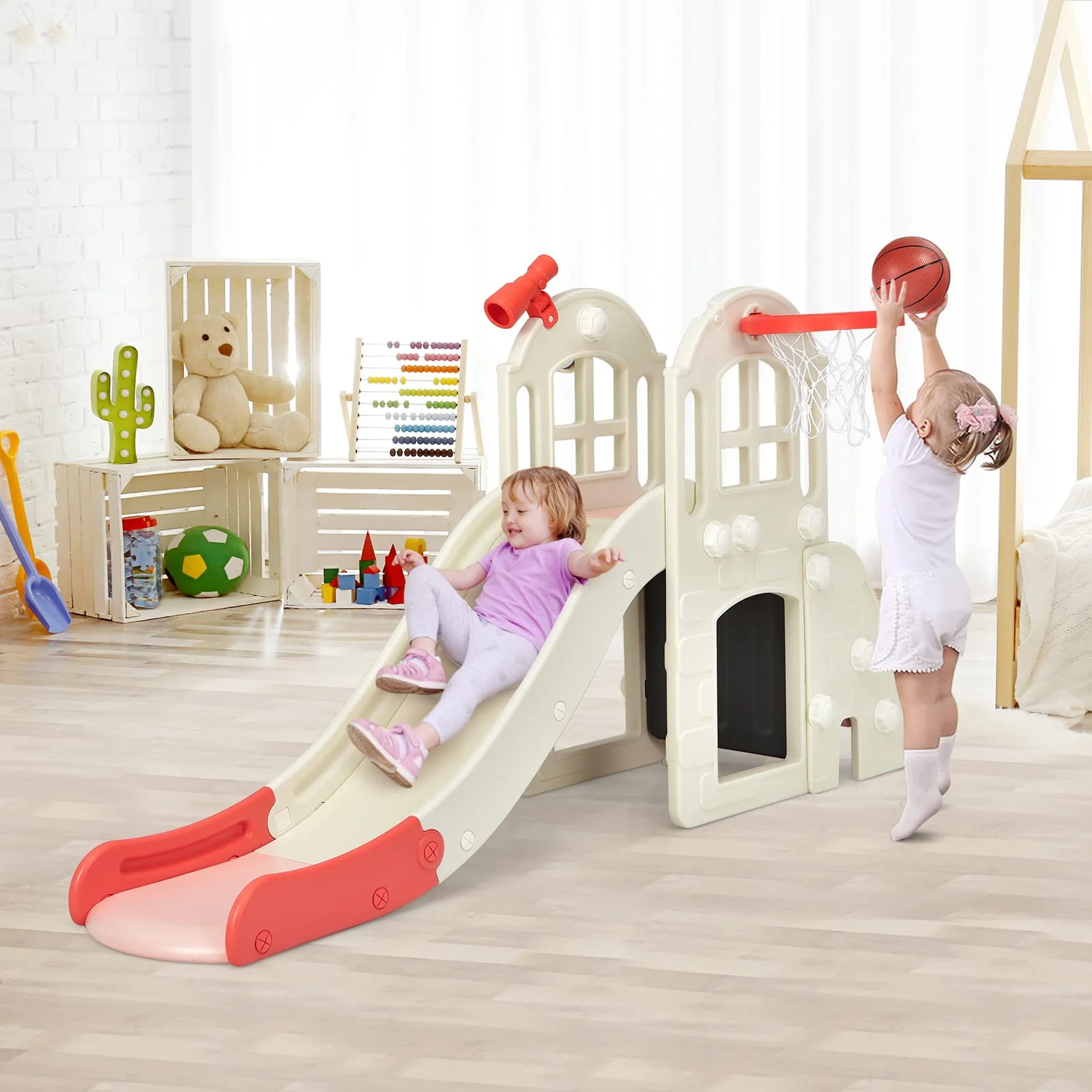 HONEY JOY 6 in 1 Slide for Kids, Toddler Climber Slide Set with Basketball Hoop, Ball, Ring Toss & Telescope - Image 10