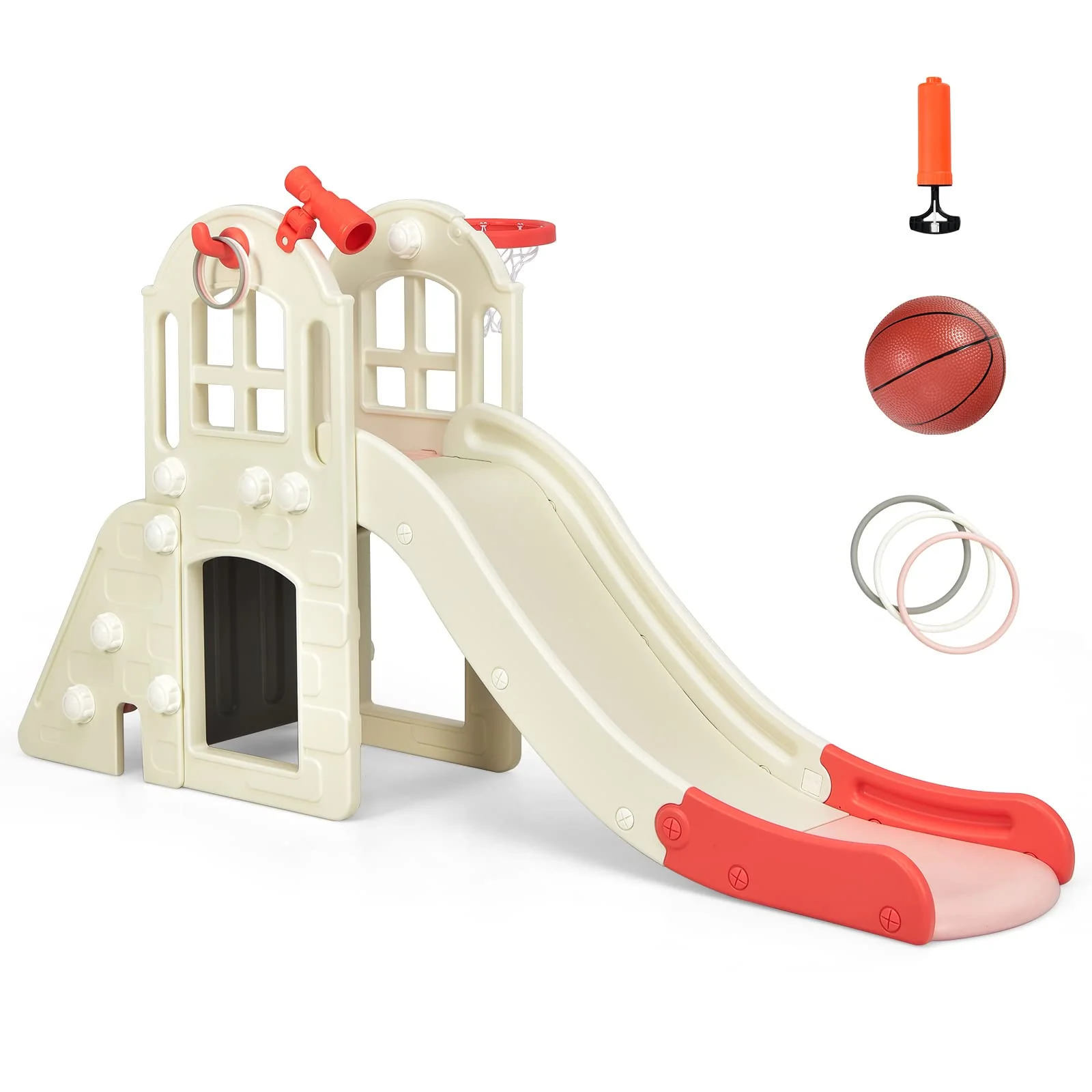 HONEY JOY 6 in 1 Slide for Kids, Toddler Climber Slide Set with Basketball Hoop, Ball, Ring Toss & Telescope - Image 11