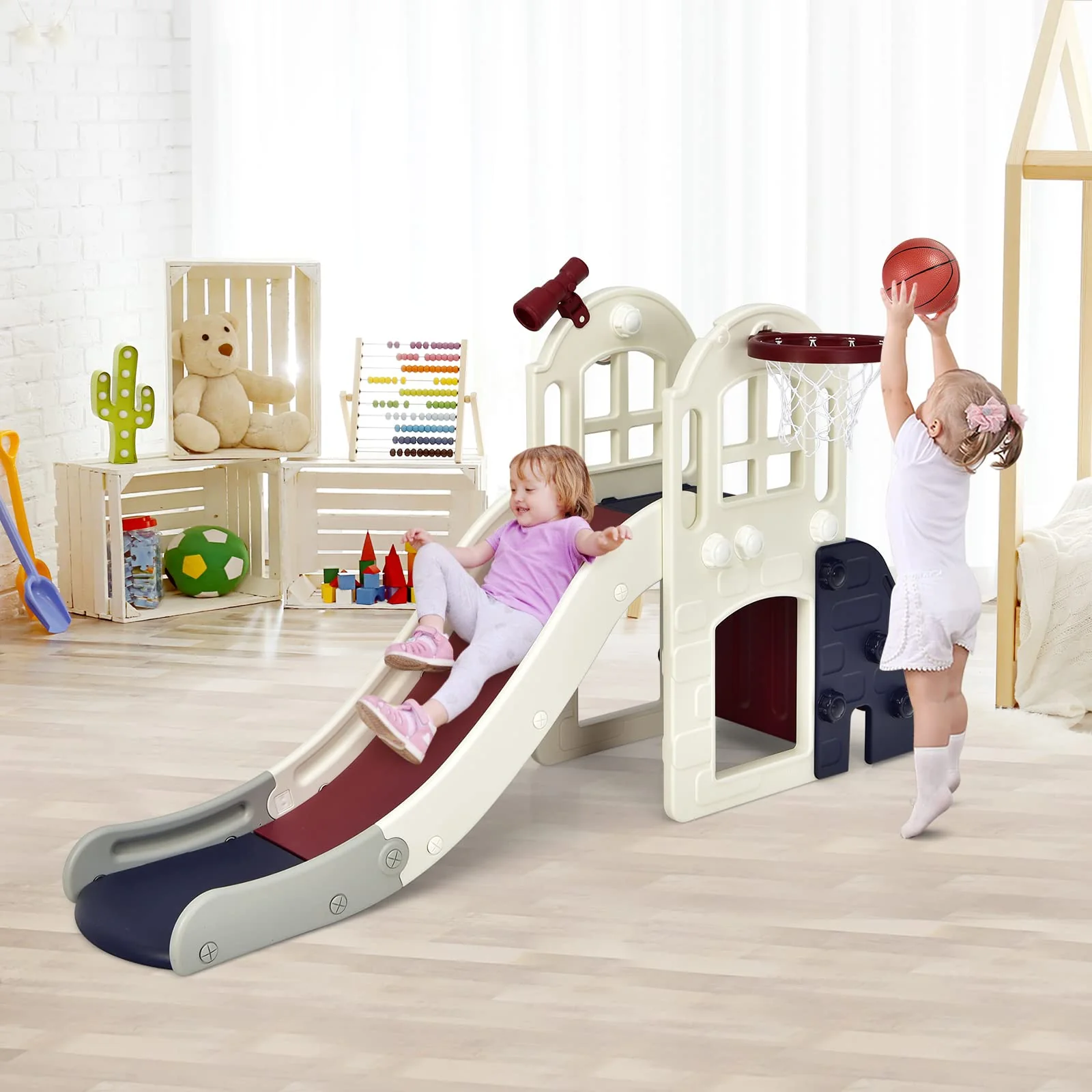 HONEY JOY 6 in 1 Slide for Kids, Toddler Climber Slide Set with Basketball Hoop, Ball, Ring Toss & Telescope - Image 12