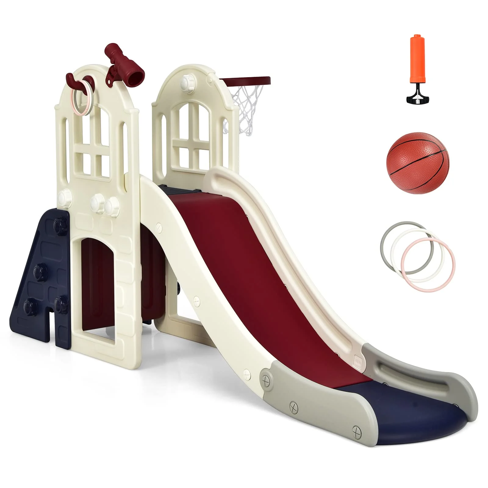 HONEY JOY 6 in 1 Slide for Kids, Toddler Climber Slide Set with Basketball Hoop, Ball, Ring Toss & Telescope - Image 13