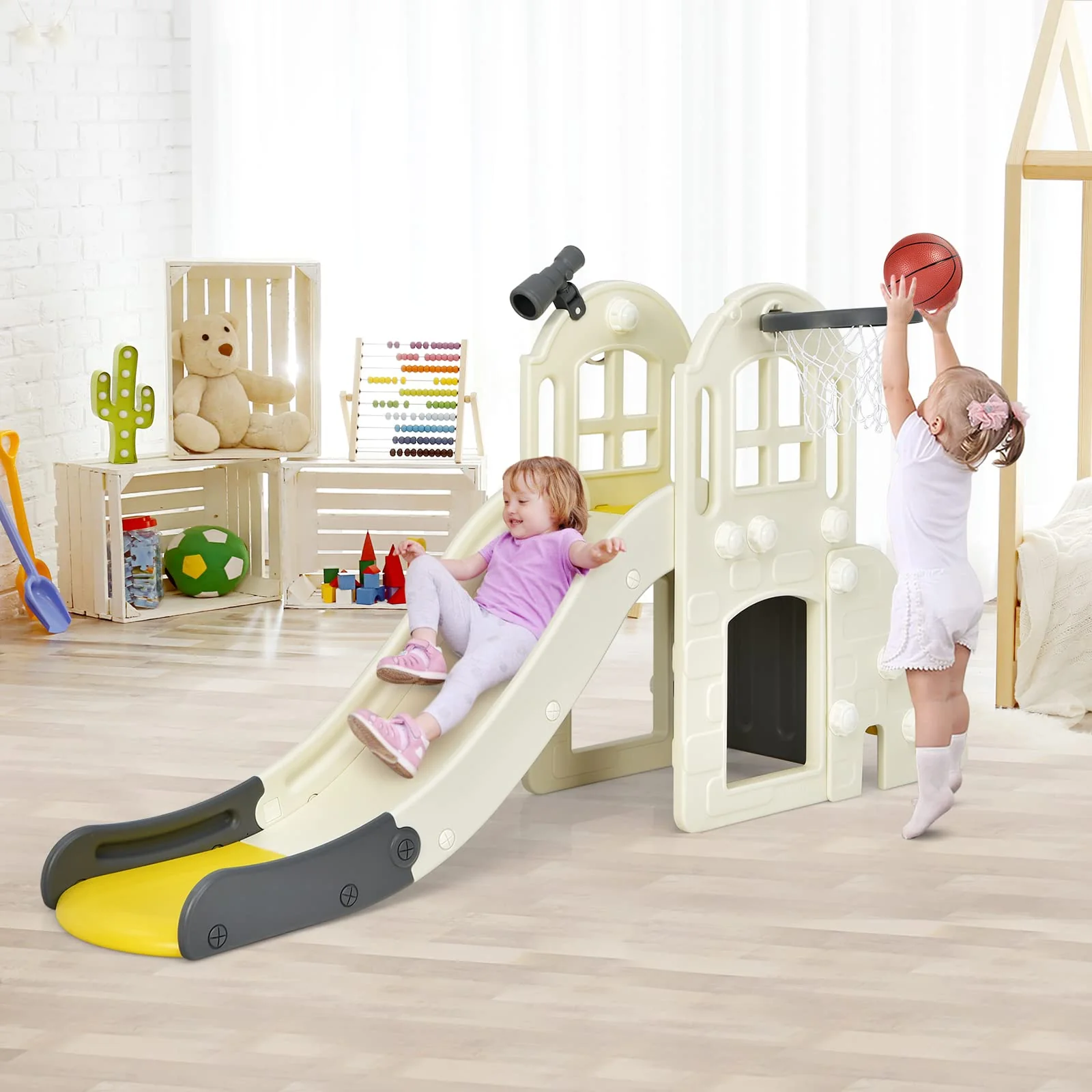 HONEY JOY 6 in 1 Slide for Kids, Toddler Climber Slide Set with Basketball Hoop, Ball, Ring Toss & Telescope - Image 2