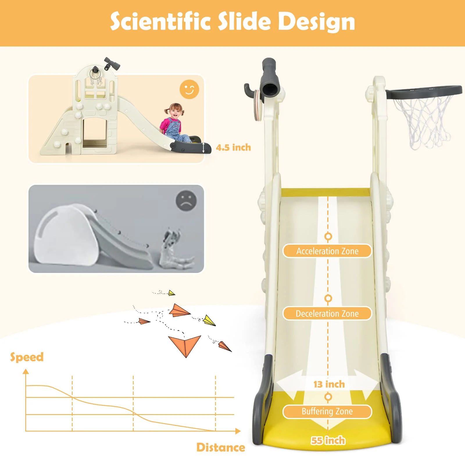 HONEY JOY 6 in 1 Slide for Kids, Toddler Climber Slide Set with Basketball Hoop, Ball, Ring Toss & Telescope - Image 3