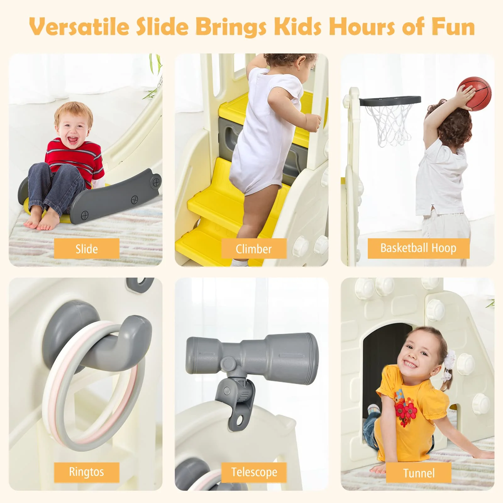 HONEY JOY 6 in 1 Slide for Kids, Toddler Climber Slide Set with Basketball Hoop, Ball, Ring Toss & Telescope - Image 5