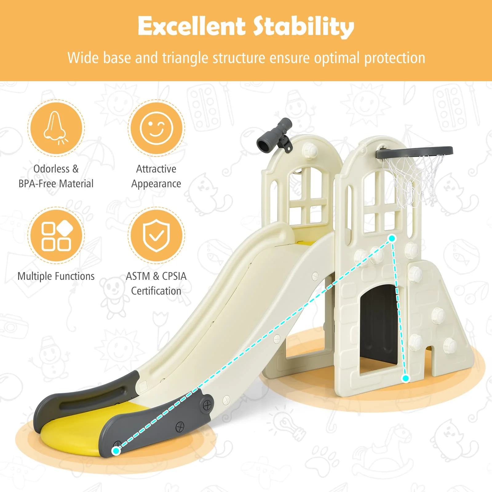 HONEY JOY 6 in 1 Slide for Kids, Toddler Climber Slide Set with Basketball Hoop, Ball, Ring Toss & Telescope - Image 6