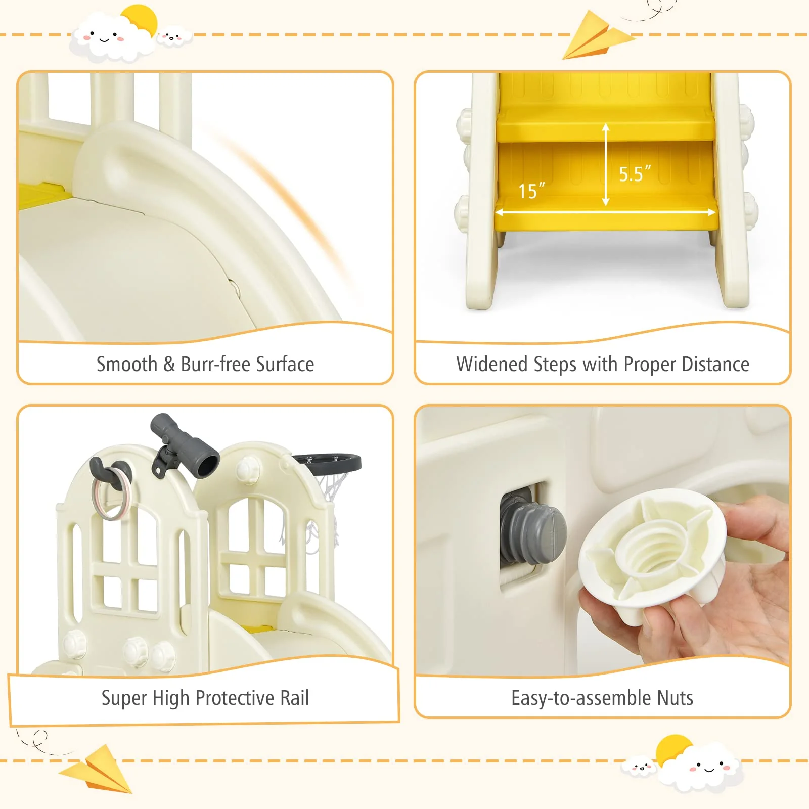 HONEY JOY 6 in 1 Slide for Kids, Toddler Climber Slide Set with Basketball Hoop, Ball, Ring Toss & Telescope - Image 7