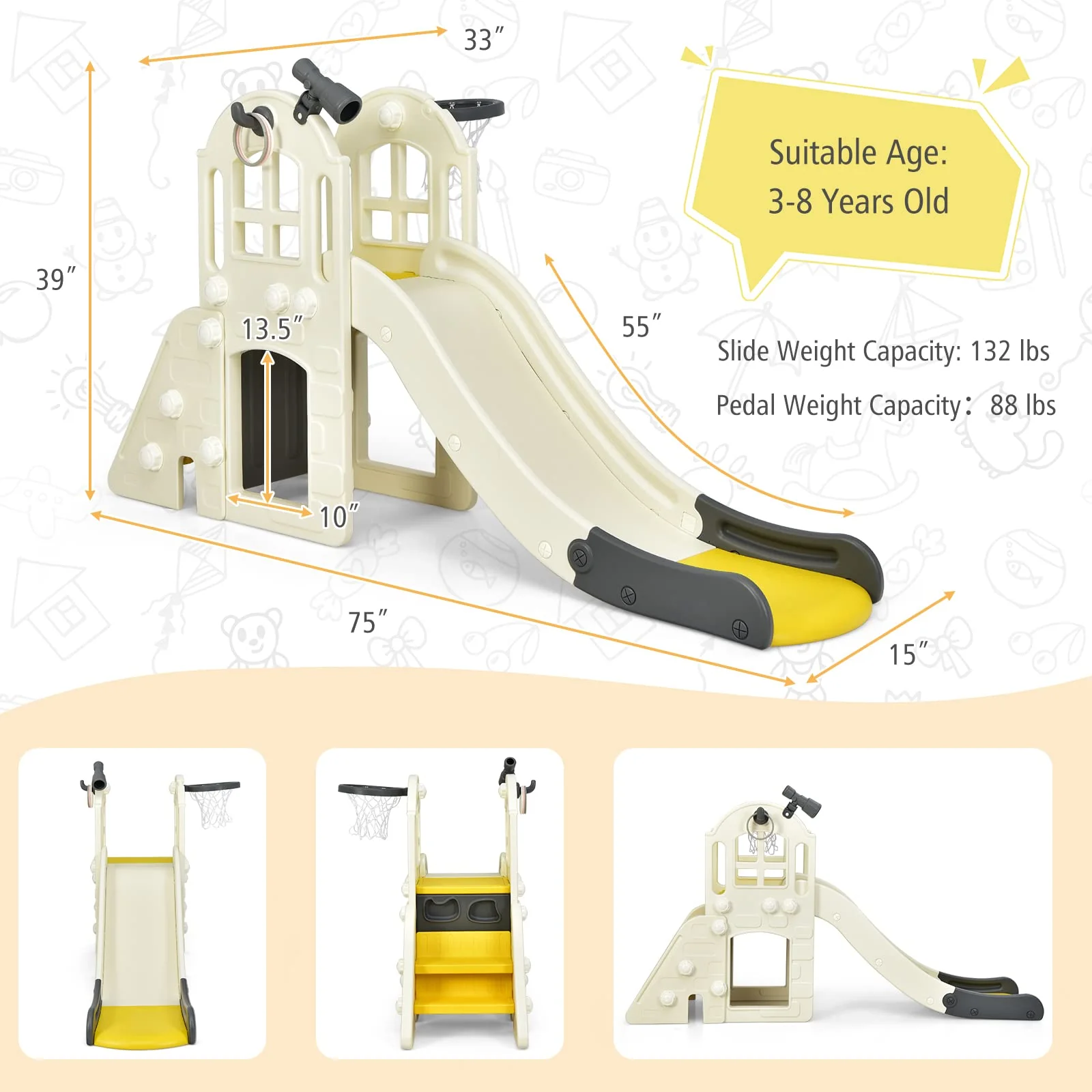 HONEY JOY 6 in 1 Slide for Kids, Toddler Climber Slide Set with Basketball Hoop, Ball, Ring Toss & Telescope - Image 8