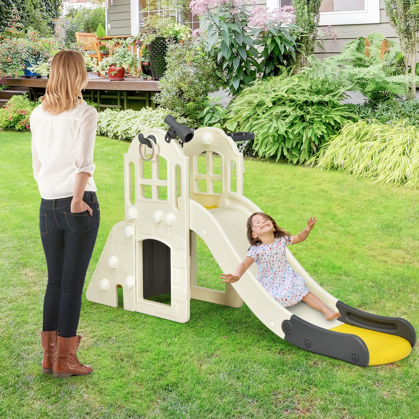 HONEY JOY 6 in 1 Slide for Kids, Toddler Climber Slide Set with Basketball Hoop, Ball, Ring Toss & Telescope - Image 9