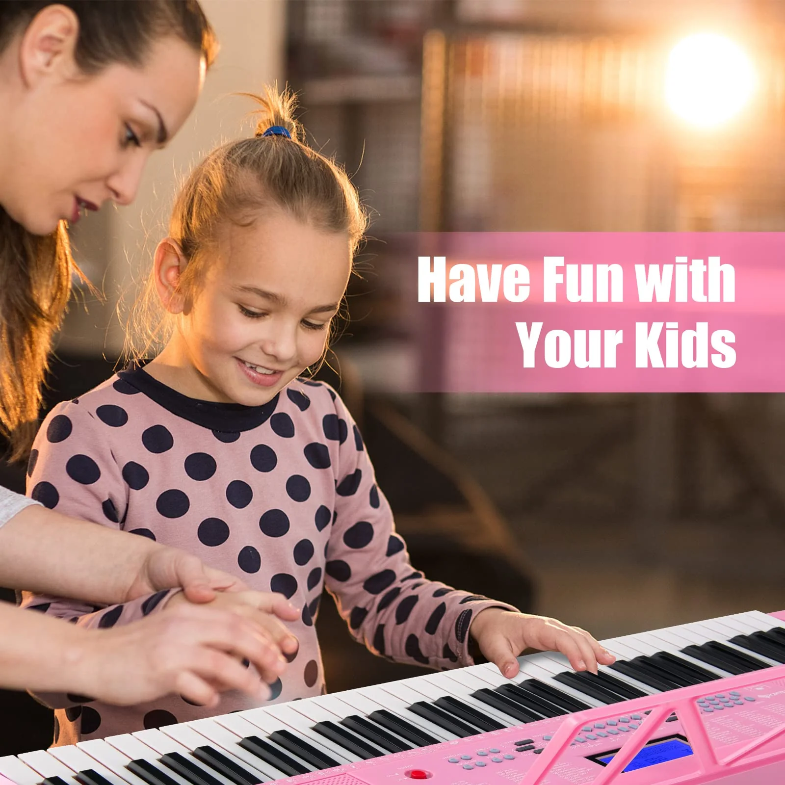 HONEY JOY 61 Key Piano Keyboard, Portable Electronic Keyboard Piano with Lighted Keys, LCD Screen (Pink) - Image 2