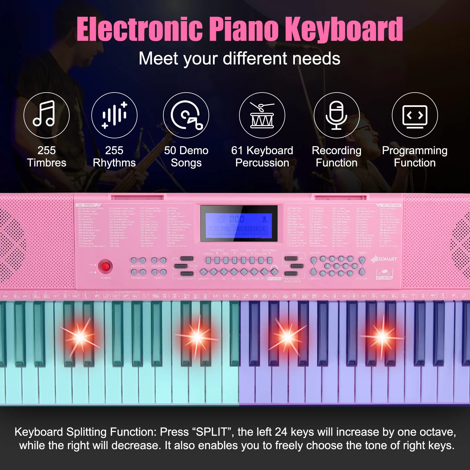 HONEY JOY 61 Key Piano Keyboard, Portable Electronic Keyboard Piano with Lighted Keys, LCD Screen (Pink) - Image 3