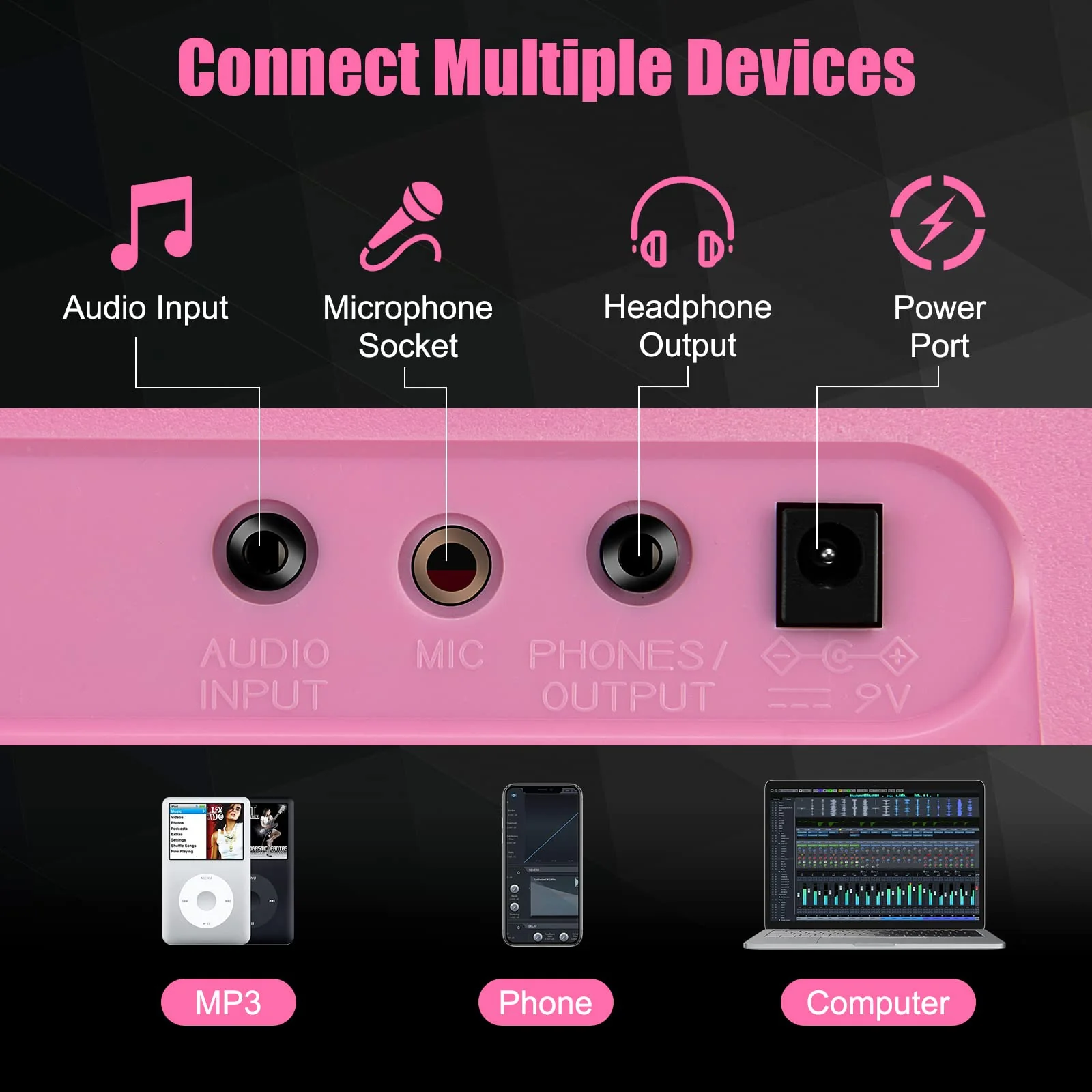 HONEY JOY 61 Key Piano Keyboard, Portable Electronic Keyboard Piano with Lighted Keys, LCD Screen (Pink) - Image 4