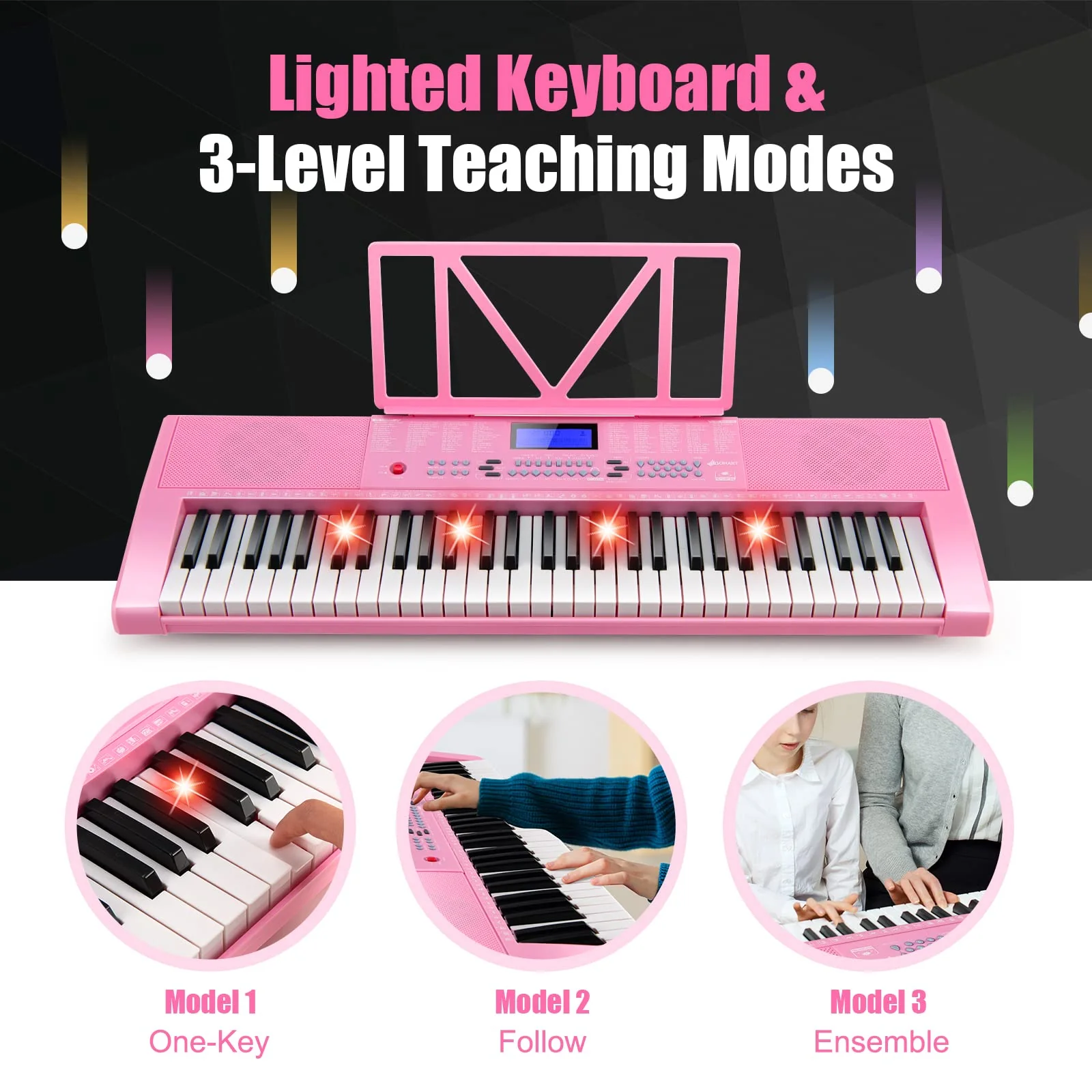 HONEY JOY 61 Key Piano Keyboard, Portable Electronic Keyboard Piano with Lighted Keys, LCD Screen (Pink) - Image 7