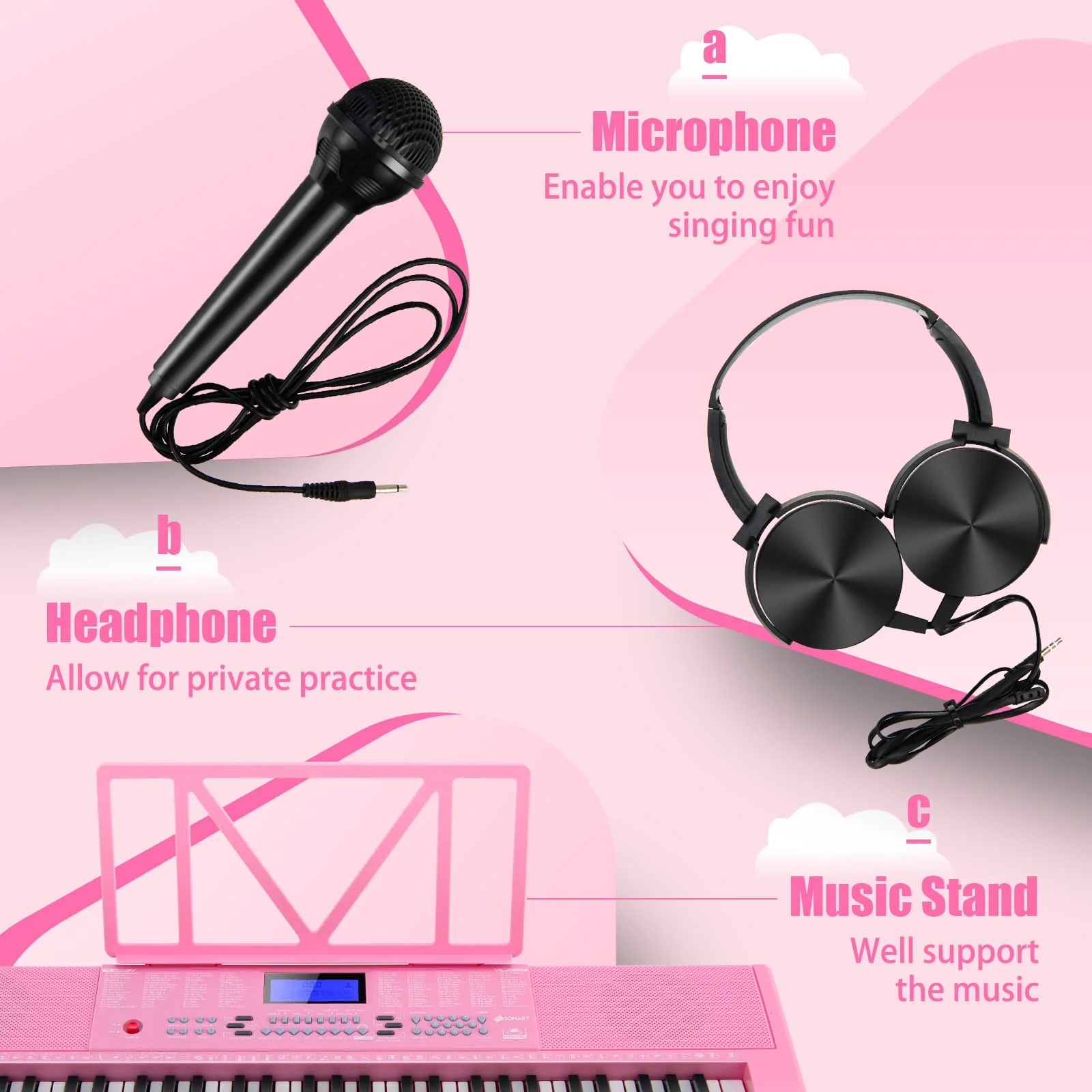 HONEY JOY 61 Key Piano Keyboard, Portable Electronic Keyboard Piano with Lighted Keys, LCD Screen (Pink) - Image 8