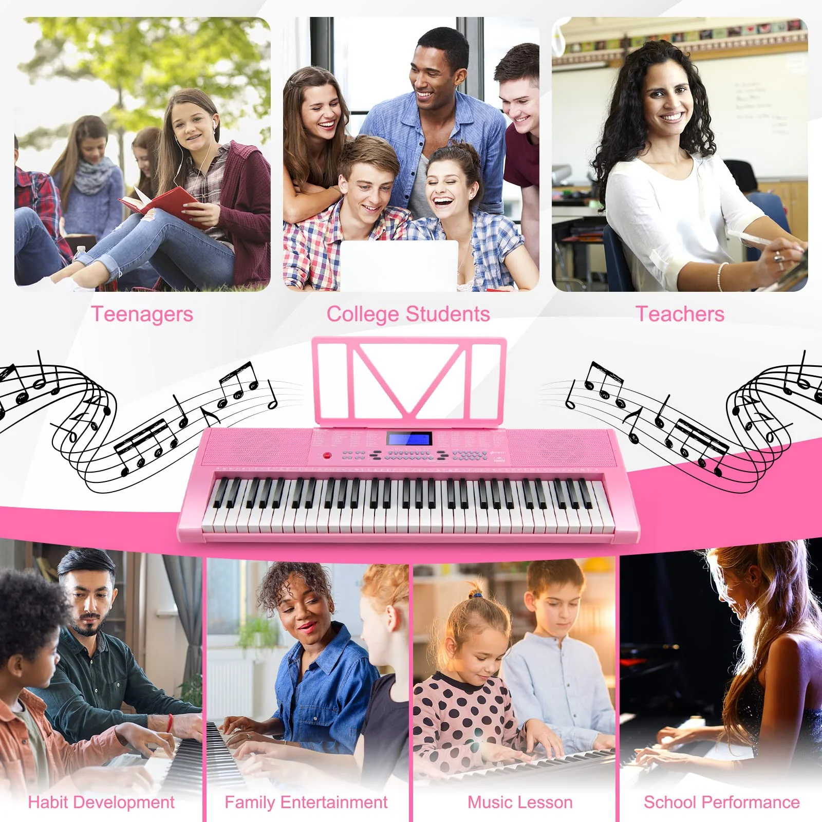 HONEY JOY 61 Key Piano Keyboard, Portable Electronic Keyboard Piano with Lighted Keys, LCD Screen (Pink) - Image 9