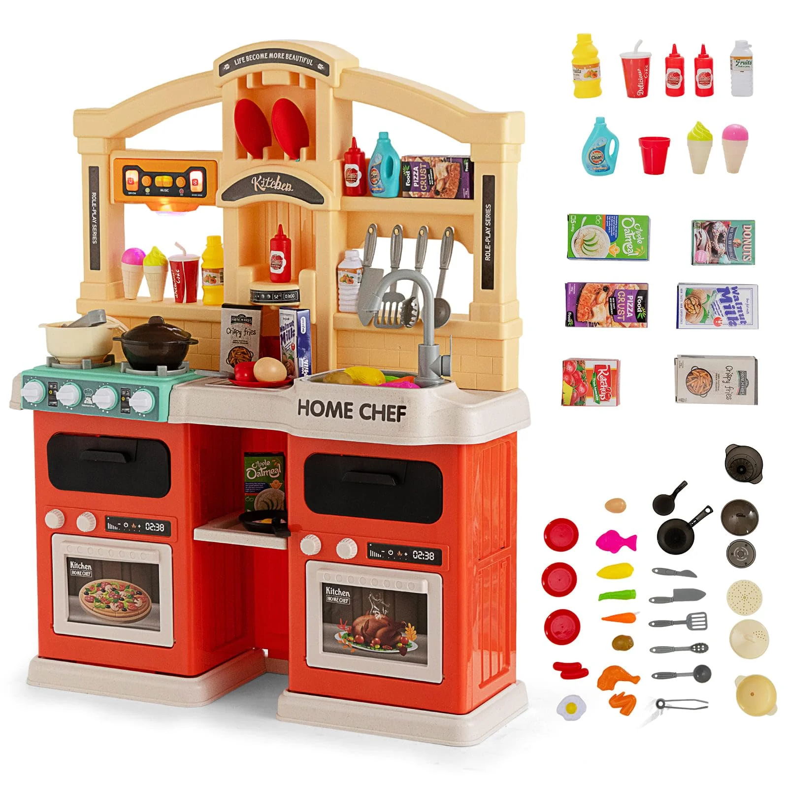 HONEY JOY 69 PCS Kids Play Kitchen Kids Kitchen Playset with Vapor & Boil Effects, Lights & Sounds - Image 10