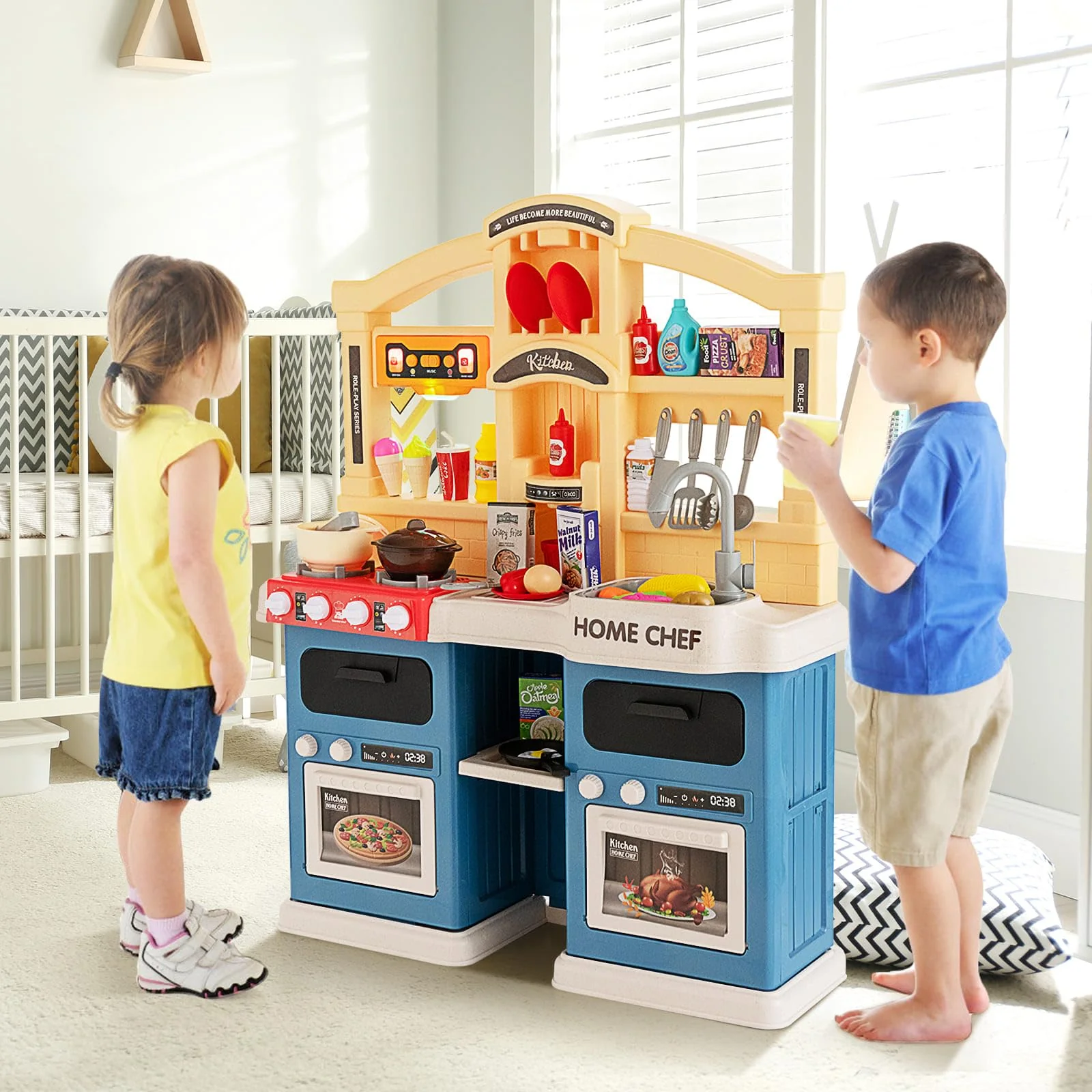 HONEY JOY 69 PCS Kids Play Kitchen Kids Kitchen Playset with Vapor & Boil Effects, Lights & Sounds - Image 2