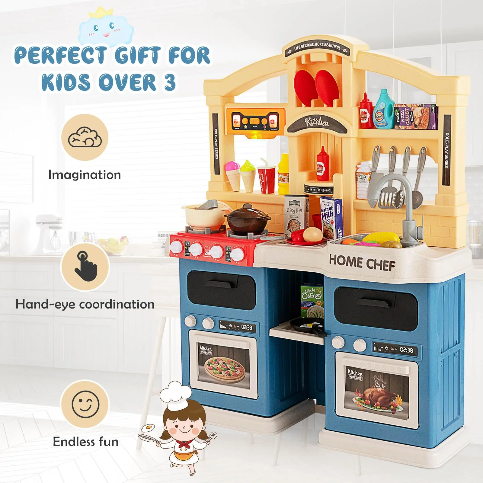 HONEY JOY 69 PCS Kids Play Kitchen Kids Kitchen Playset with Vapor & Boil Effects, Lights & Sounds - Image 3