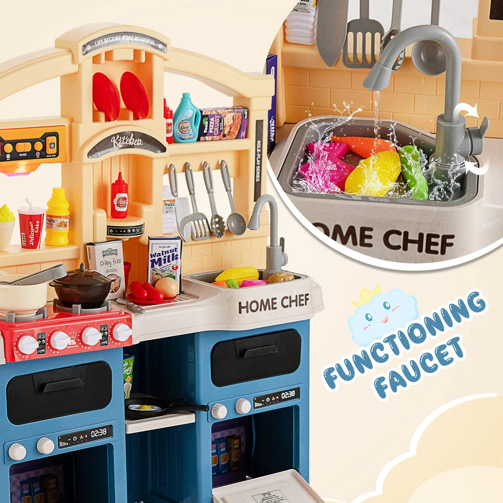 HONEY JOY 69 PCS Kids Play Kitchen Kids Kitchen Playset with Vapor & Boil Effects, Lights & Sounds - Image 4