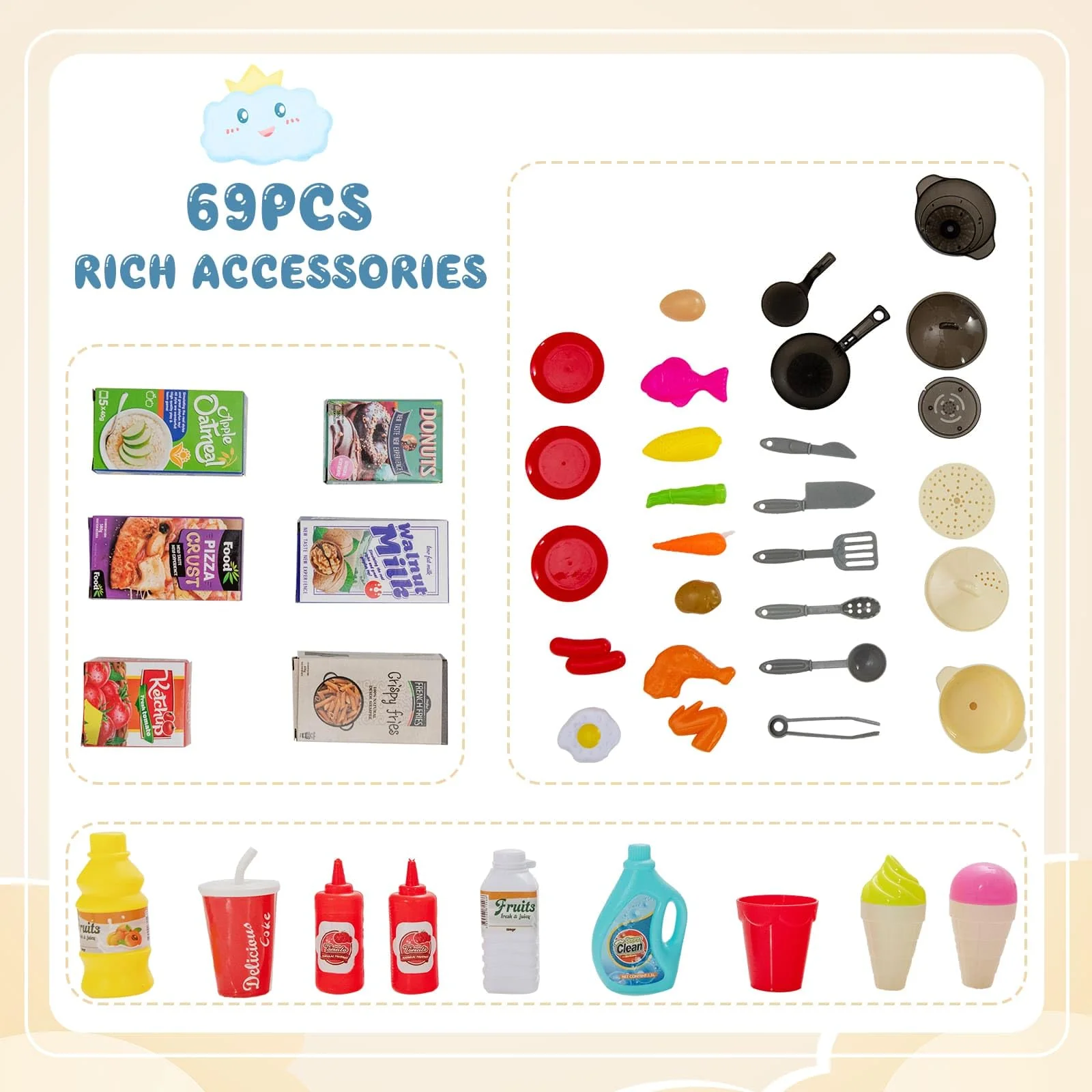 HONEY JOY 69 PCS Kids Play Kitchen Kids Kitchen Playset with Vapor & Boil Effects, Lights & Sounds - Image 6
