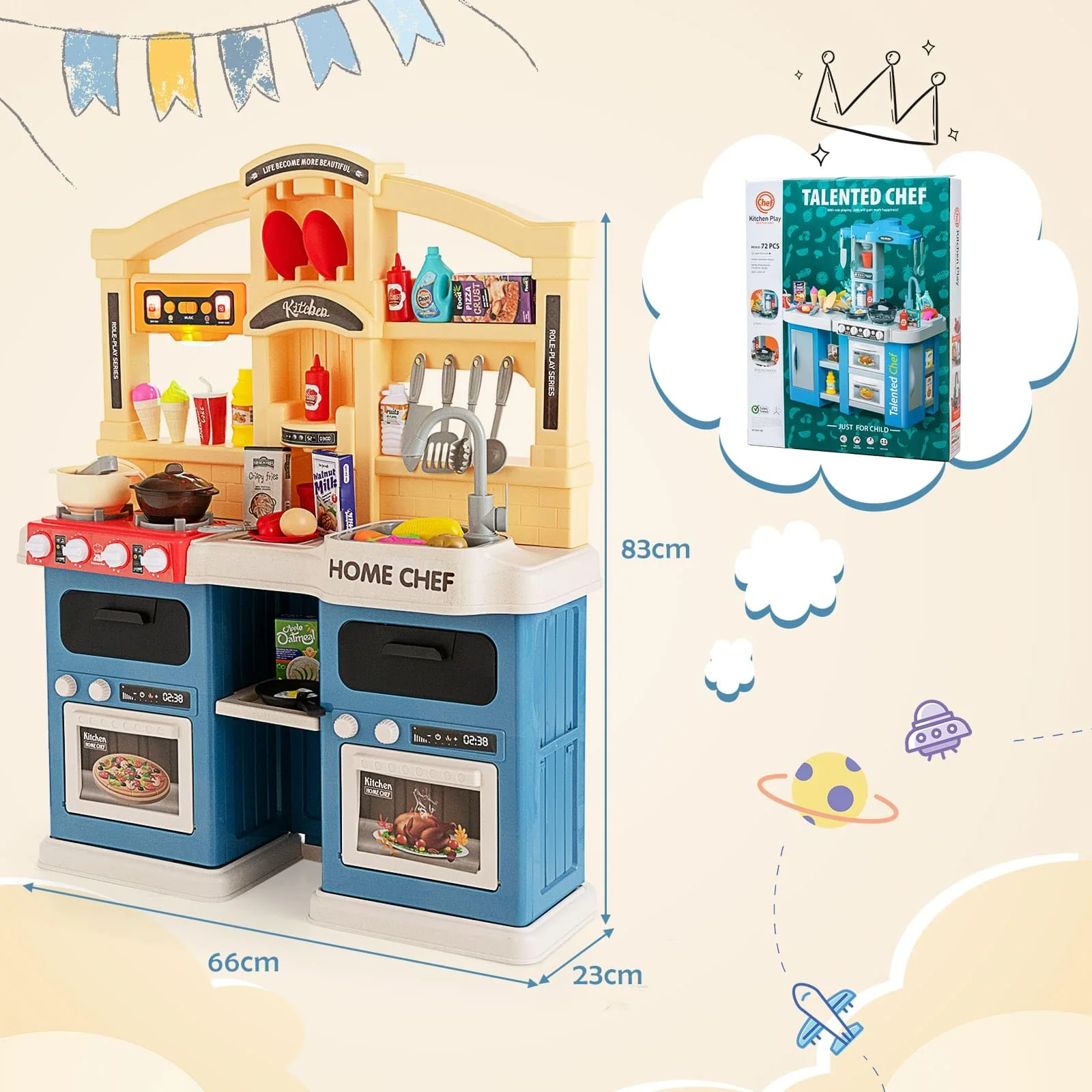 HONEY JOY 69 PCS Kids Play Kitchen Kids Kitchen Playset with Vapor & Boil Effects, Lights & Sounds - Image 8