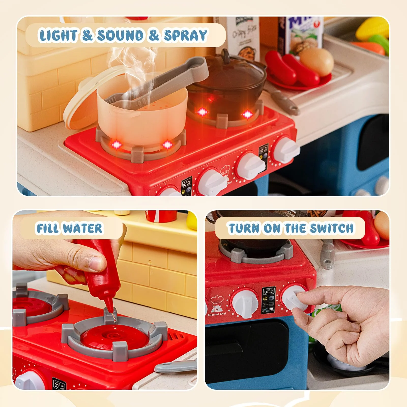 HONEY JOY 69 PCS Kids Play Kitchen Kids Kitchen Playset with Vapor & Boil Effects, Lights & Sounds - Image 9