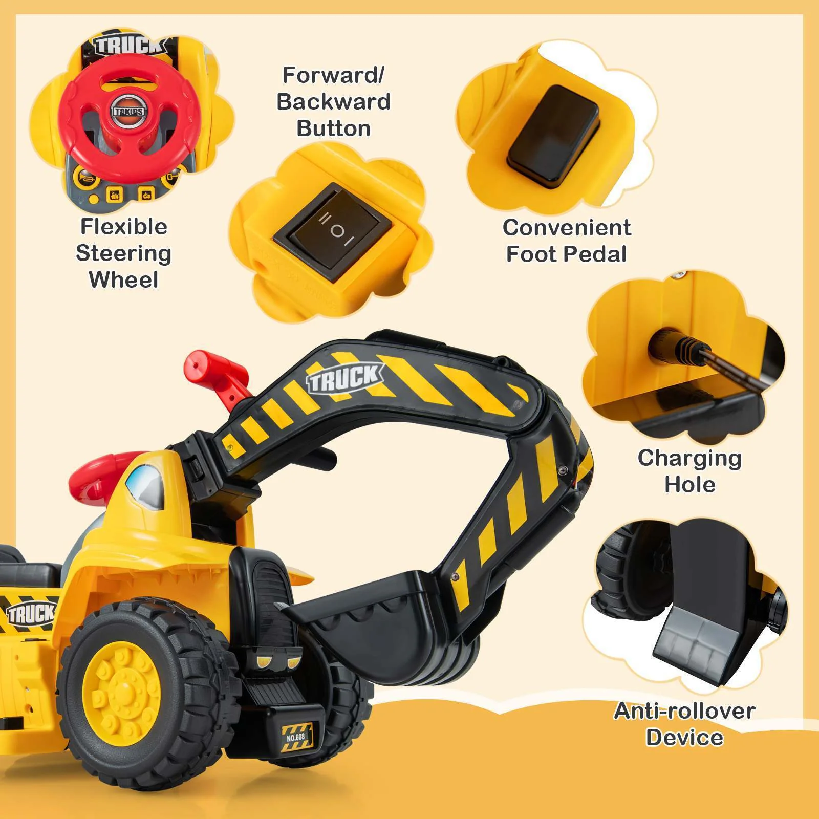 HONEY JOY 6V Kids Ride On Excavator Electric Vehicle Fun Digger Toy for Toddlers - Image 6