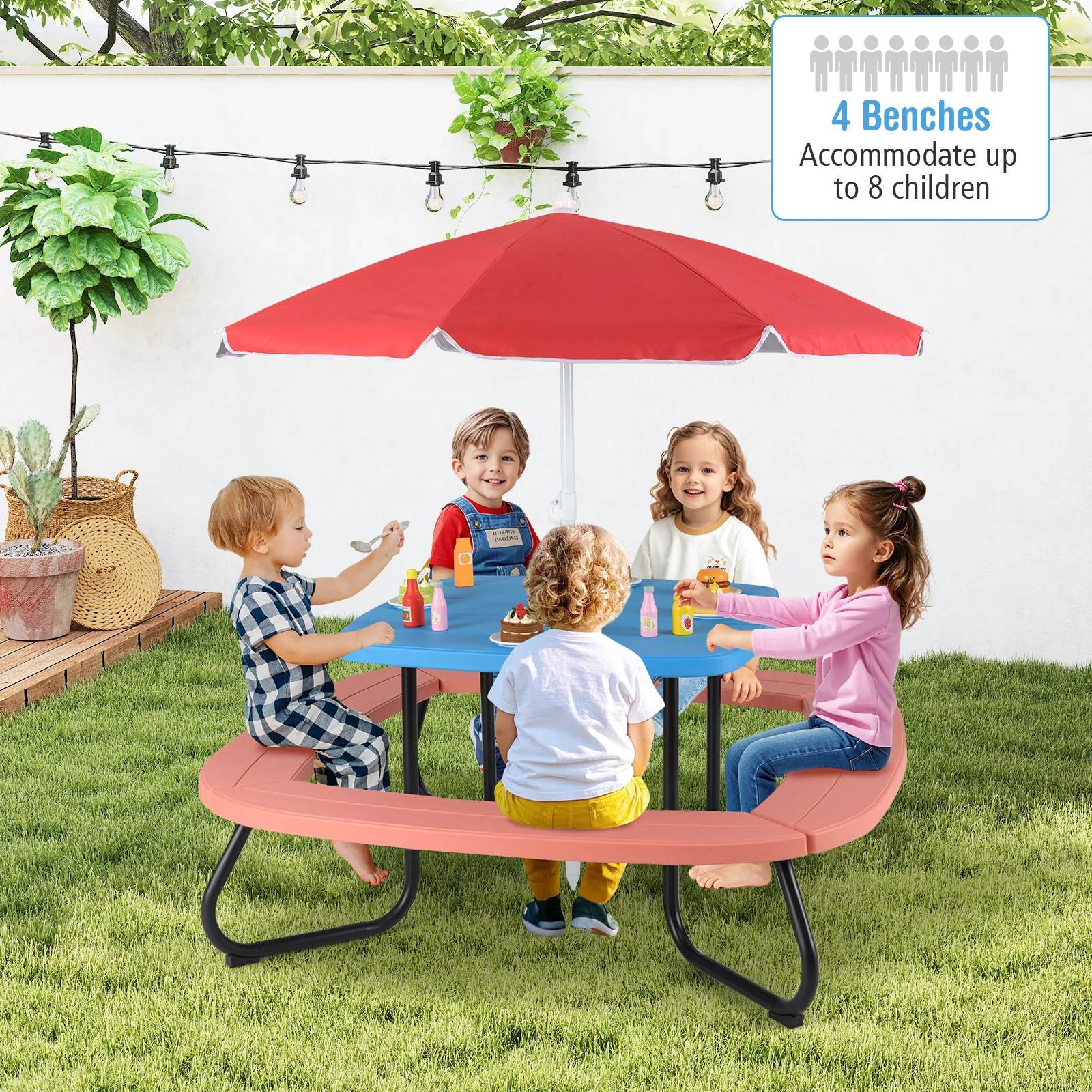 HONEY JOY 8 Person Kids Picnic Table, HDPE Picnic Table Set w/Sturdy Metal Frame for Ages 3+ - Image 9